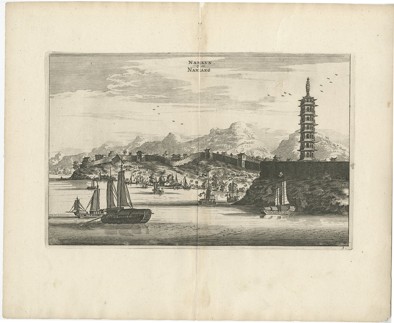 Antique print China titled 'Namkan of ou Nankang'. Old print depicting a view of the Chinese city of Nanjing with its ramparts. Behind the city wall a pagoda can be seen. This print originates from the Latin edition of Nieuhof's work titled 'Legatio
