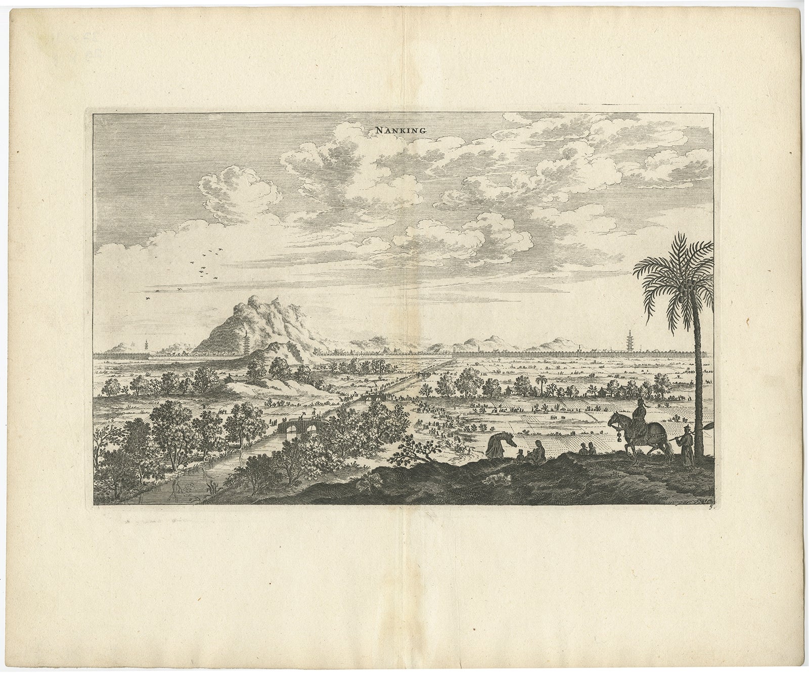 Antique print China titled ‘Nanking'. This plate shows a view on the Chinese city of Nanking with its ramparts. Also depicted are several pagodas and on the foreground there is a palm tree. This print originates from the Latin edition of Nieuhof's