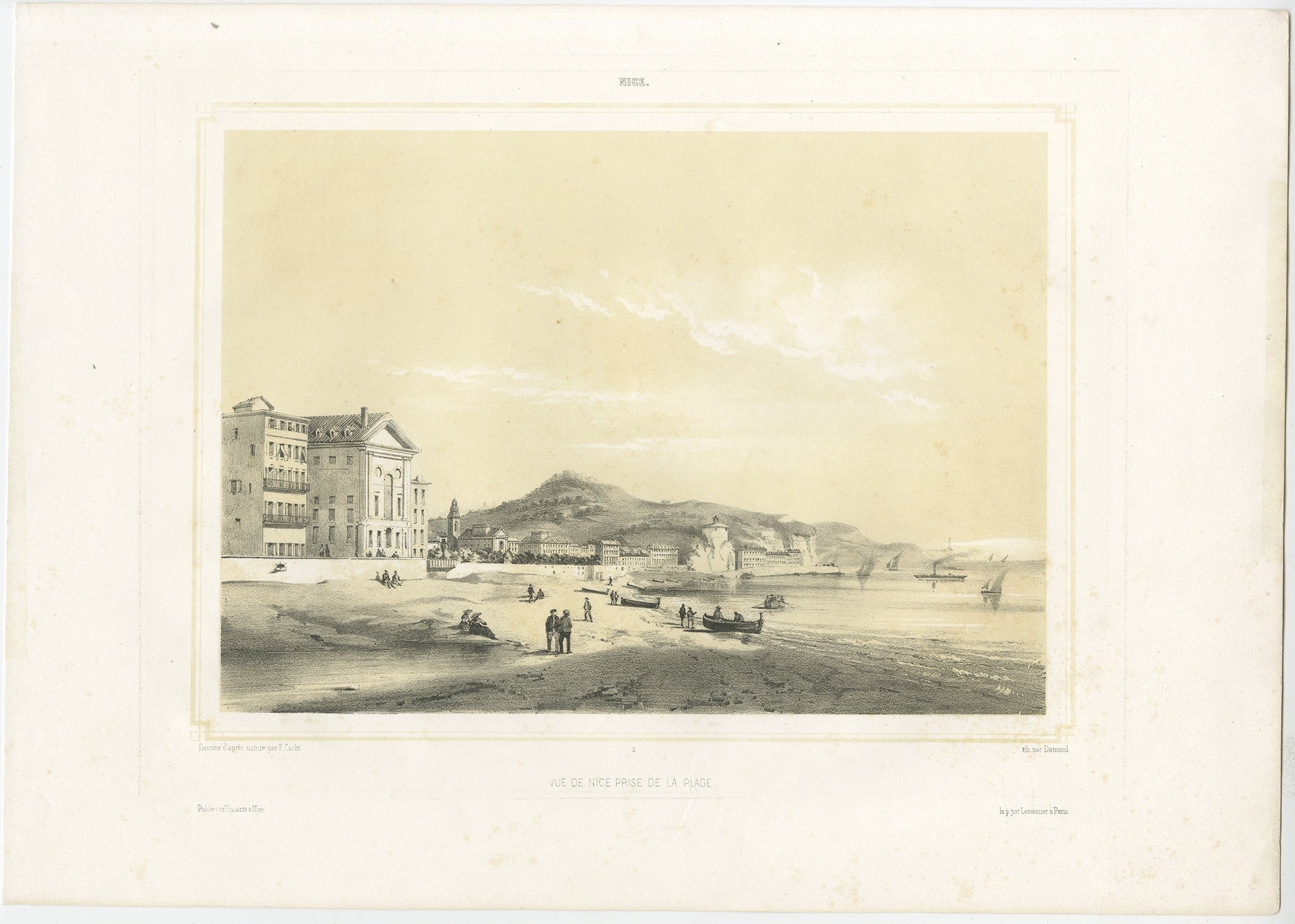 Antique print titled 'Vue de Nice prise de la Plage'. Original antique print of the city of Nice seen from the beach, France. This print originates from the series 'Nice et ses environs', published 1855.

Artists and Engravers: Published by
