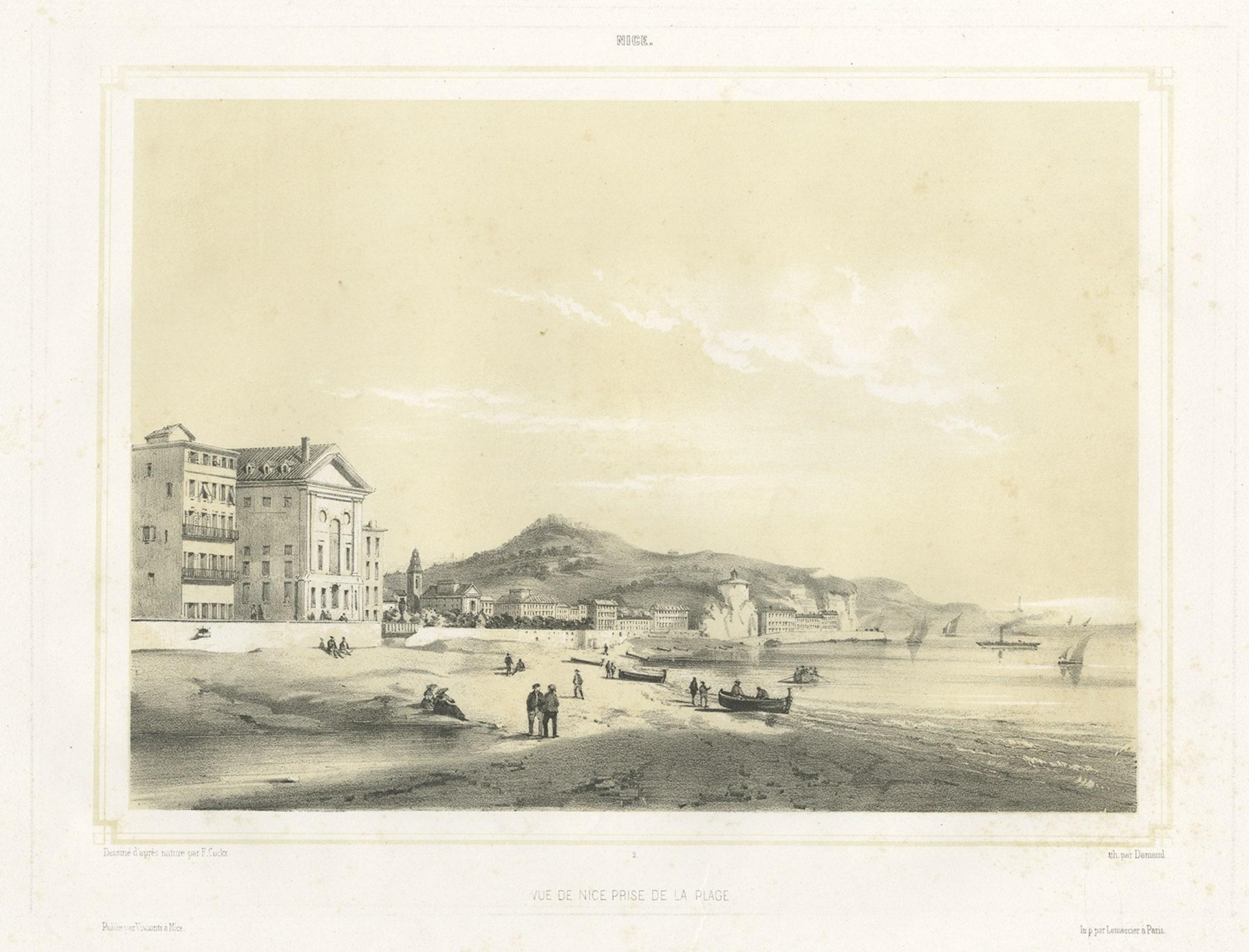 Impression ancienne de la ville de Nice depuis la plage, France, 1855