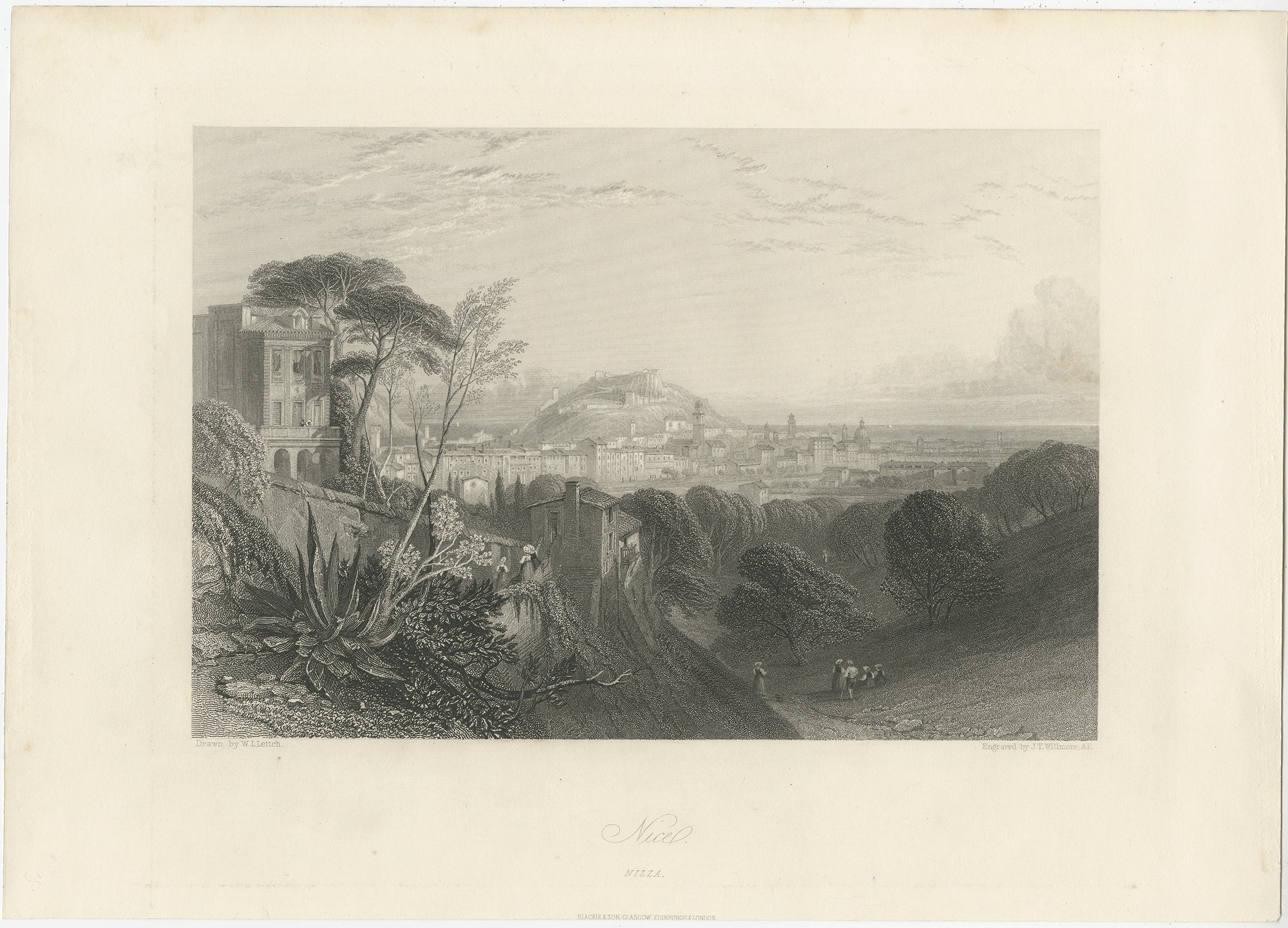 Antique print titled 'Nice, Nizza'. View of the city of Nice, France. This print originates from 'Italy, Classical, Historical and Picturesque' by Camillo Mapei.

Artists and Engravers: Engraved by J.T. Willmore. Published by Blackie &
