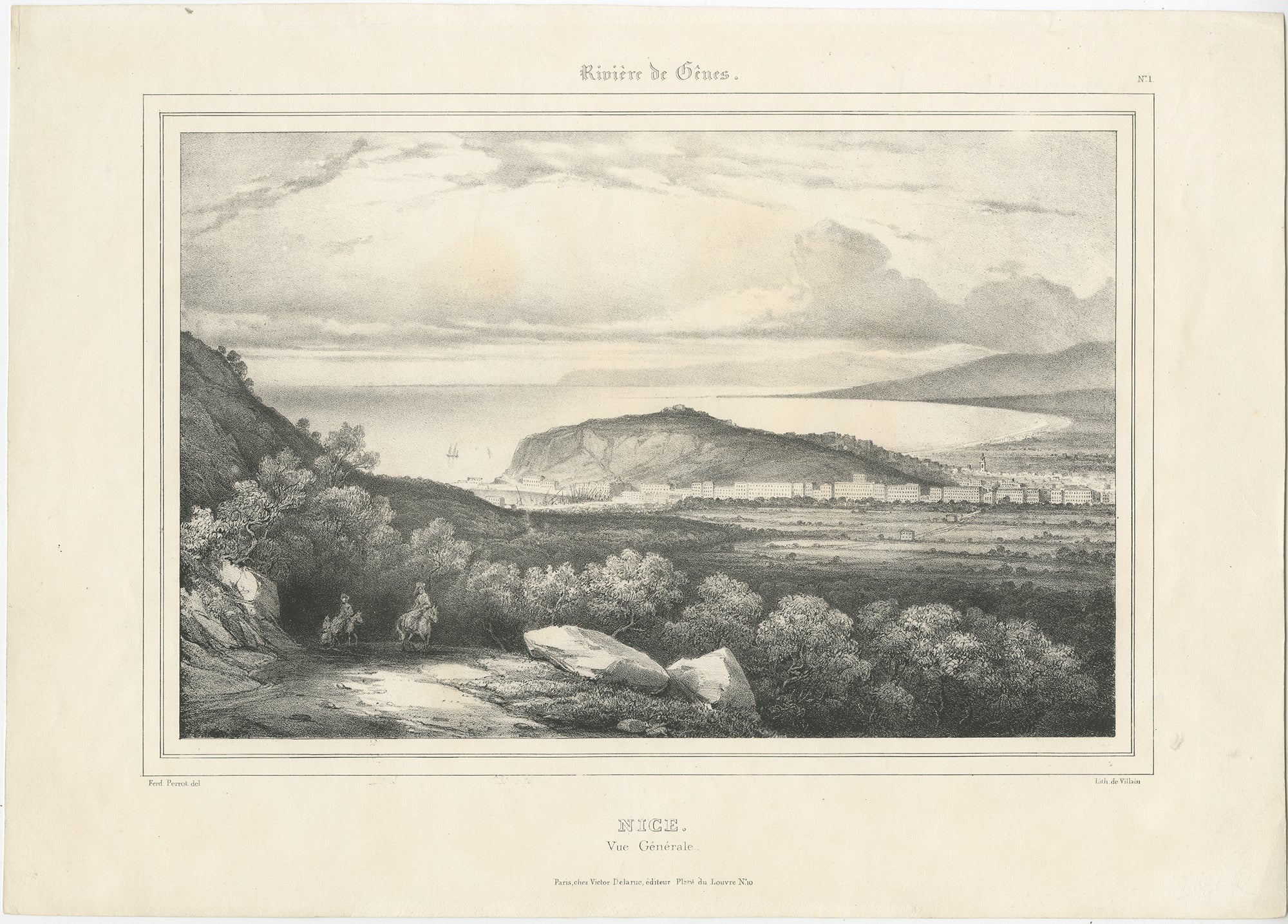 Antique print titled 'Nice Vue Générale'. View of the city of Nice, France. Source unknown, to be determined.

Artists and Engravers: Lithographed by Villain. Published by Victor Delarue.

Condition: Good, general age-related toning. Minor wear,
