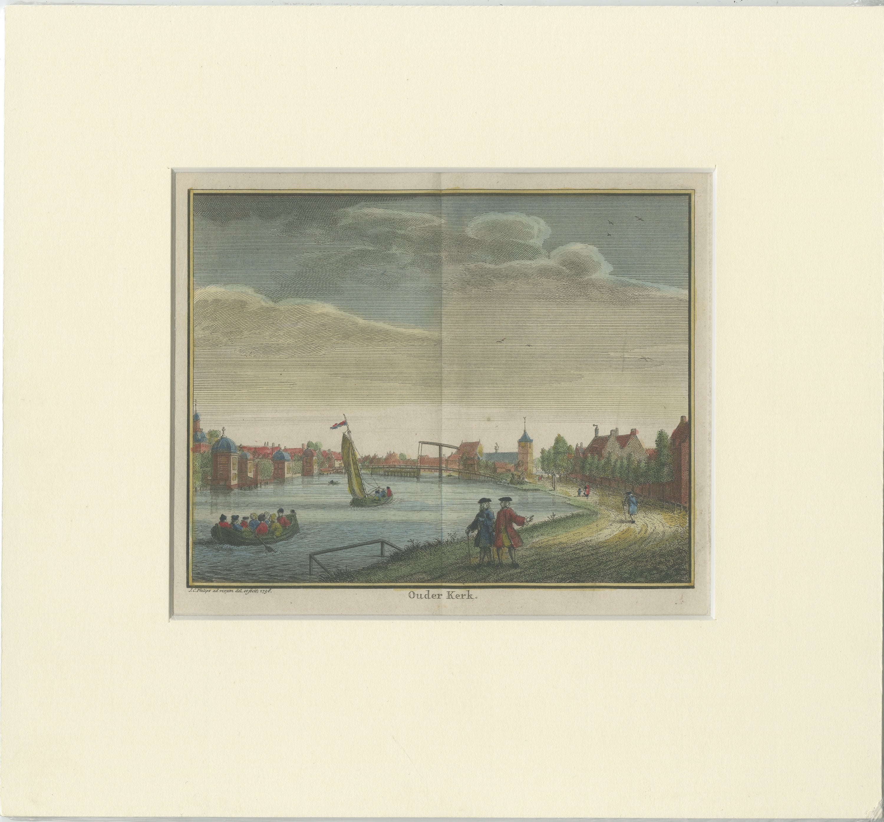 Antique Print of the City of Ouderkerk Aan De Amstel by Philips, circa 1740 For Sale
