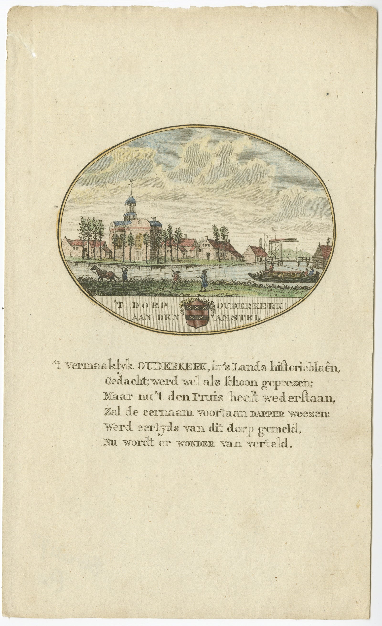 Antiker Druck der Stadt Ouderkerk aan de Amstel, Niederlande, 1795