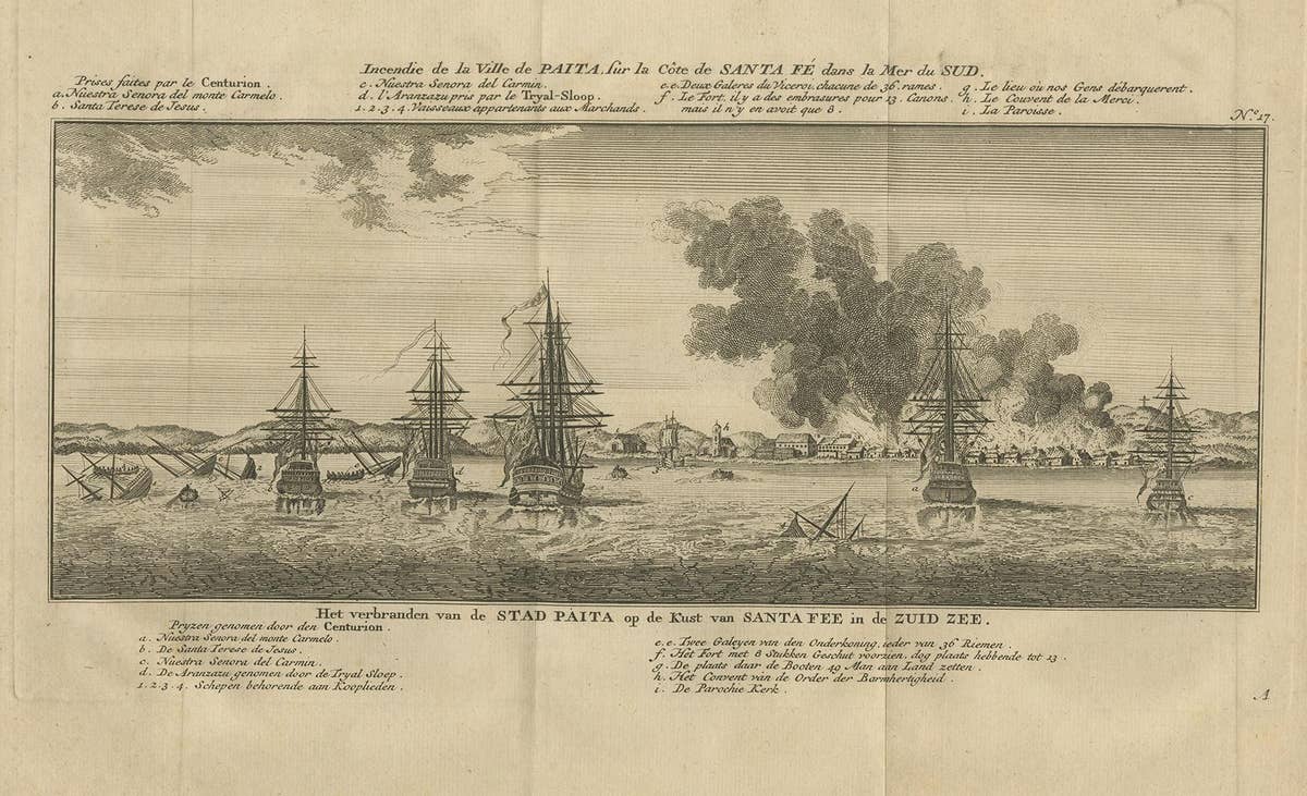 Antique Print of the City of Paita by Anson '1749'