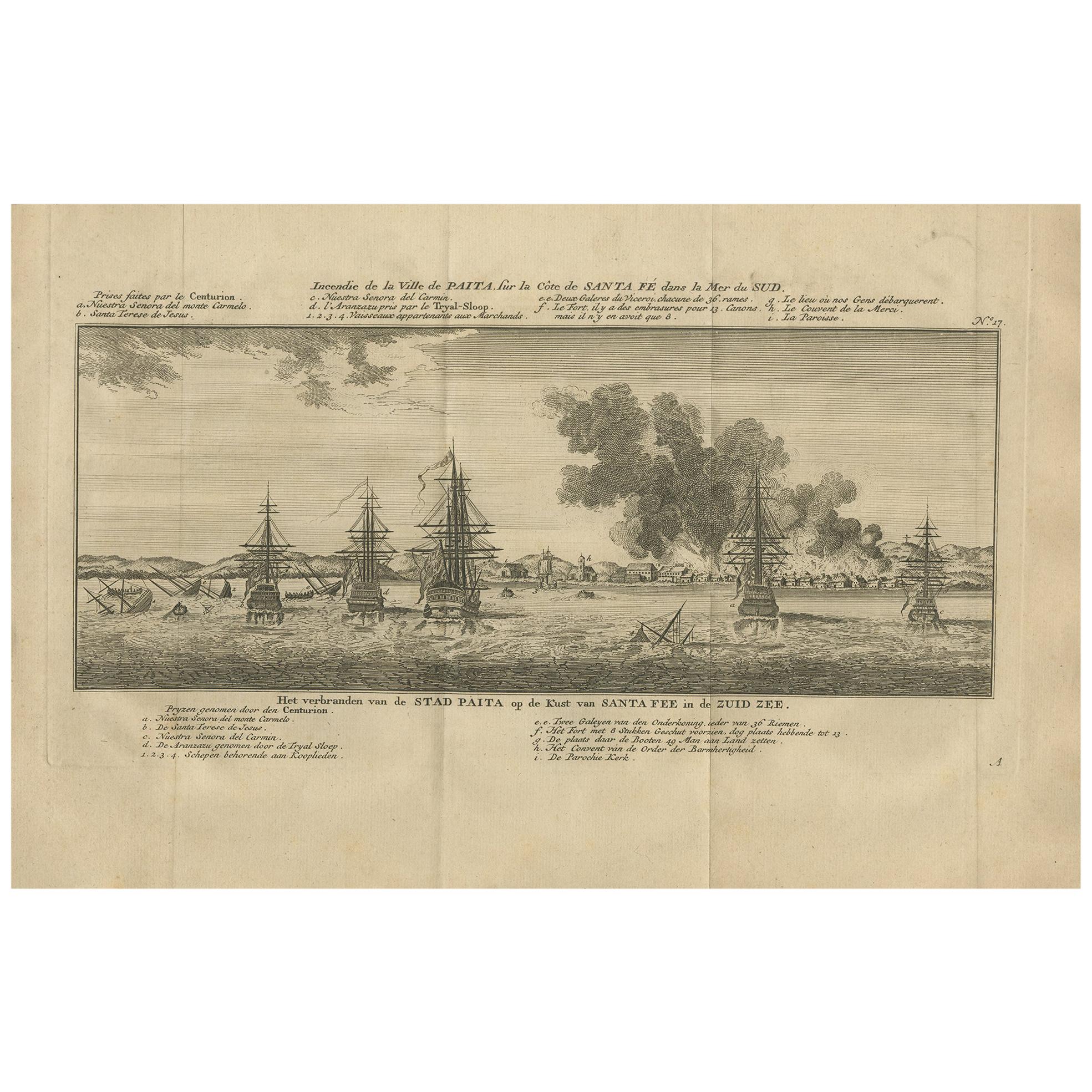 Antique Print of the City of Paita by Anson '1749' For Sale