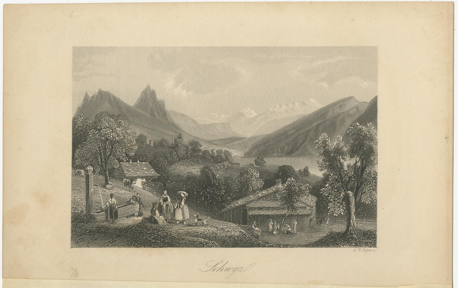 Antique print titled 'Schwyz'. View of the city of Schwyz, Switzerland. Engraved by A.H. Payne, published circa 1850.