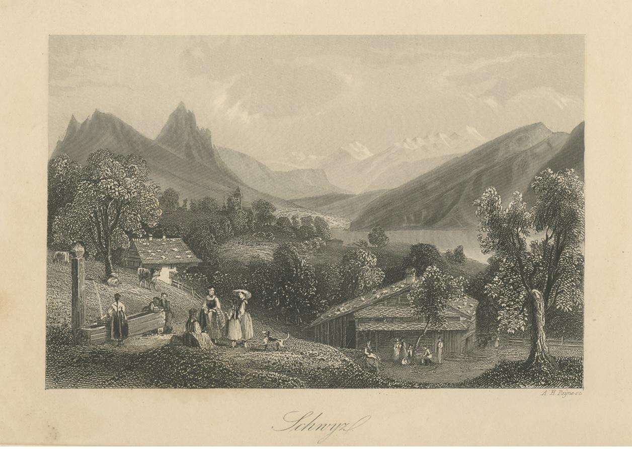 Antique Print of the City of Schwyz, Schwitzerland In Fair Condition For Sale In Langweer, NL
