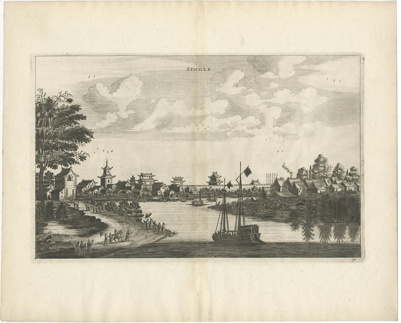 Antique Print of the City of Single in China, 1668 For Sale