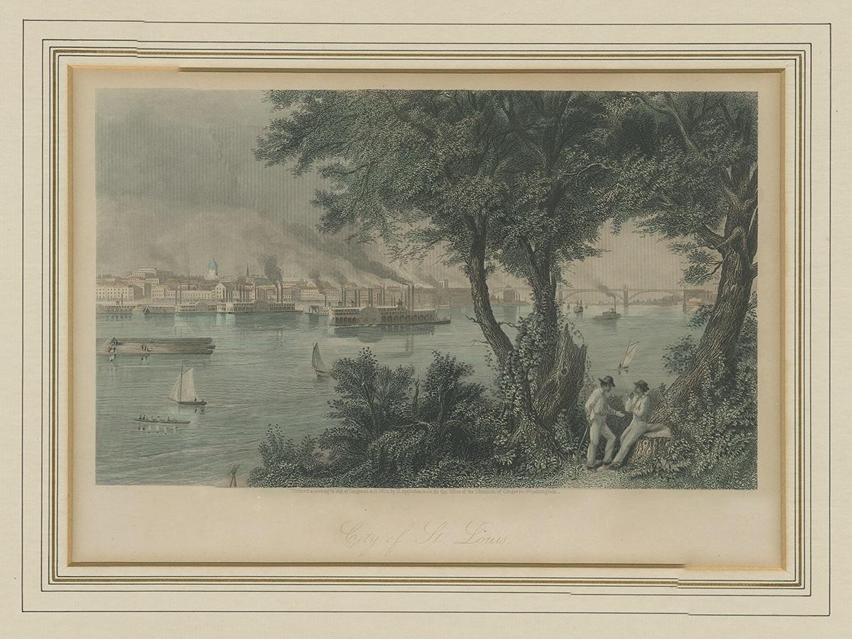 Antique print titled 'City of St. Louis'. This print depicts the city of St. Louis with paddle wheelers on the river. Published by D. Appleton & Co.