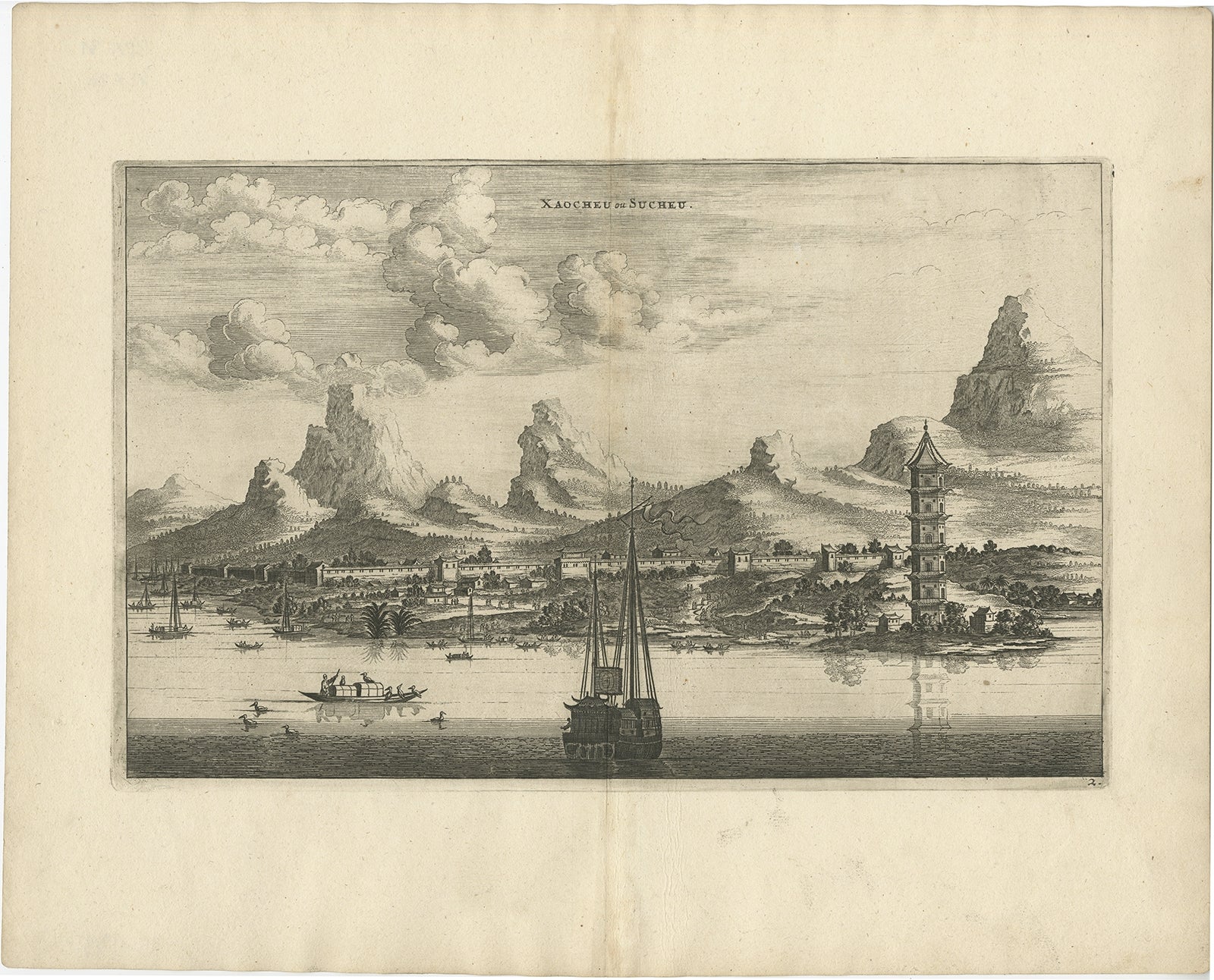 Antiker Druck der Stadt Sucheu in China, 1668