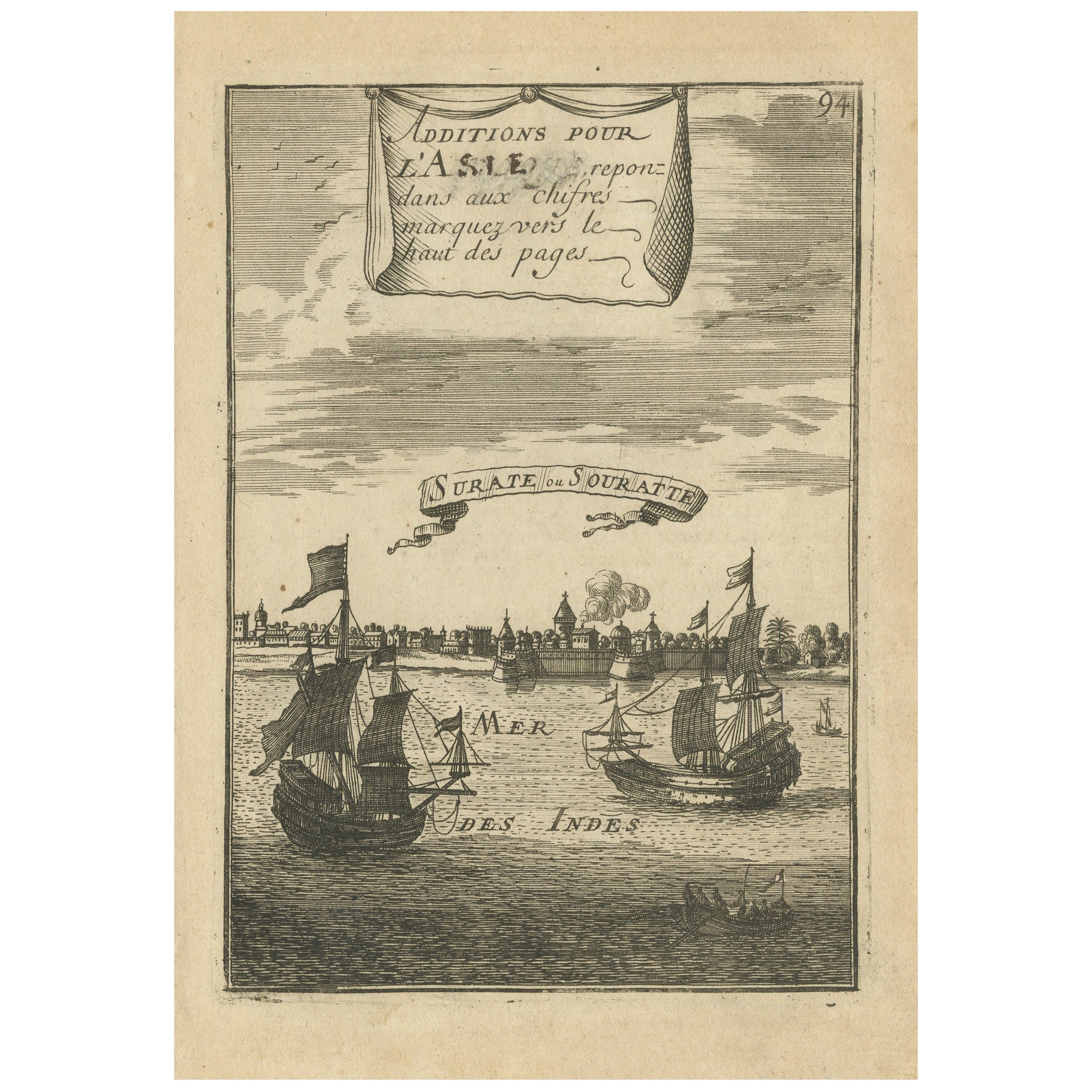 Antiker Druck der Stadt Surat, Gujarat, Indien, 1683