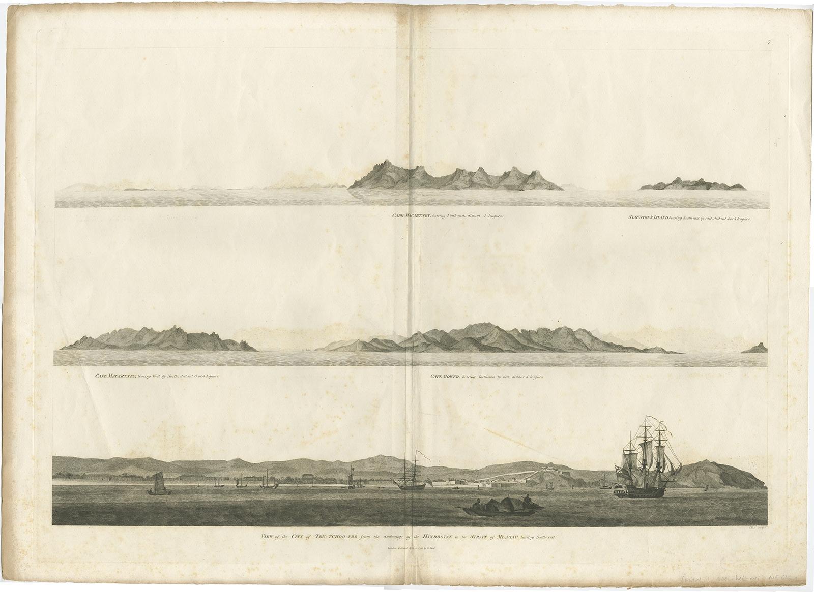 Antique print titled 'View of the City of Ten-Tchoo-Foo from the Anchorage of the Hindostan in the Strait of Mi-a-Tau Bearing South-West'. Together on a sheet with 'Cape Maccartney and Cape Gower'. 

The top two views depict coastal profile views