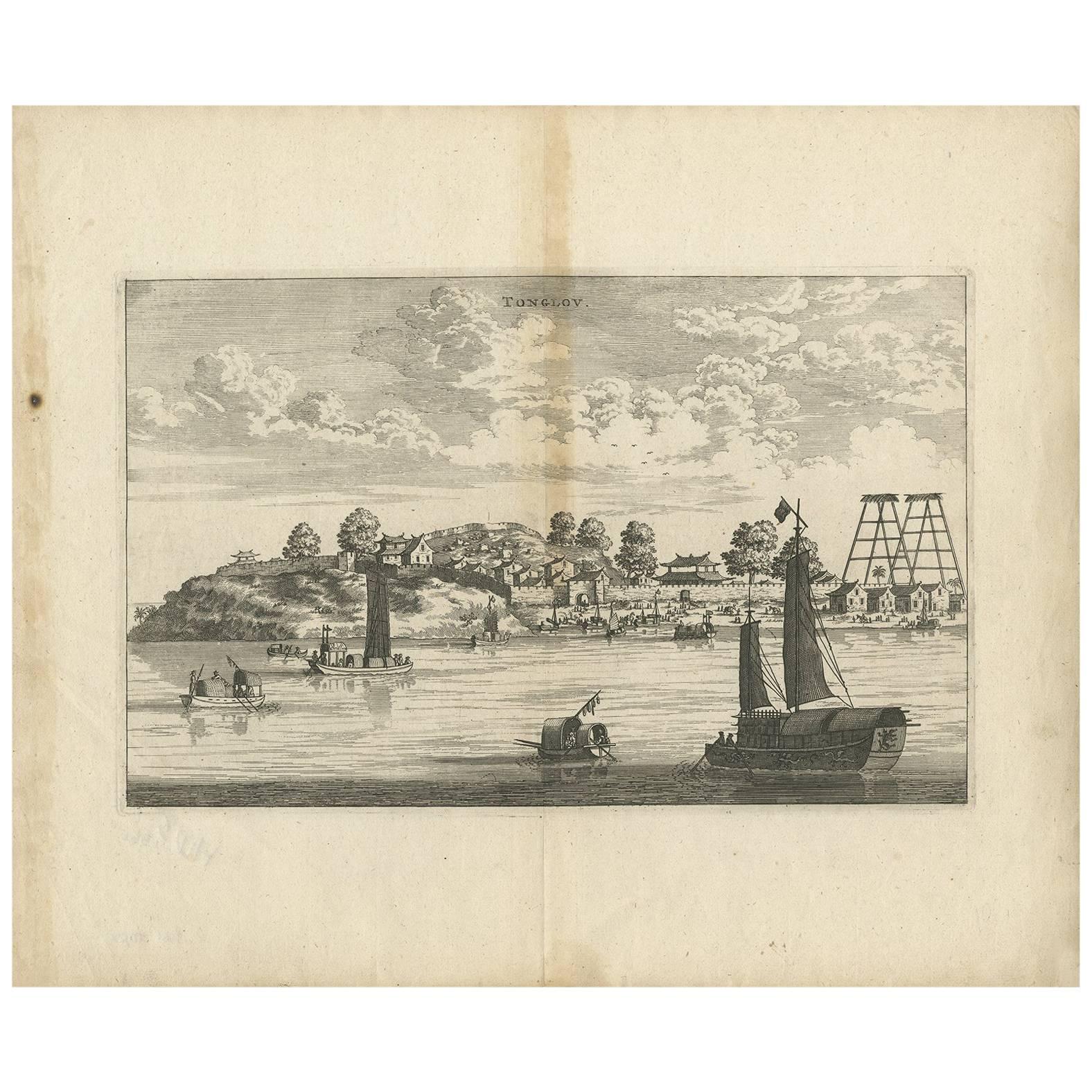 Antiker Druck der Stadt Tonglou „China“ von J. Nieuhof, 1666