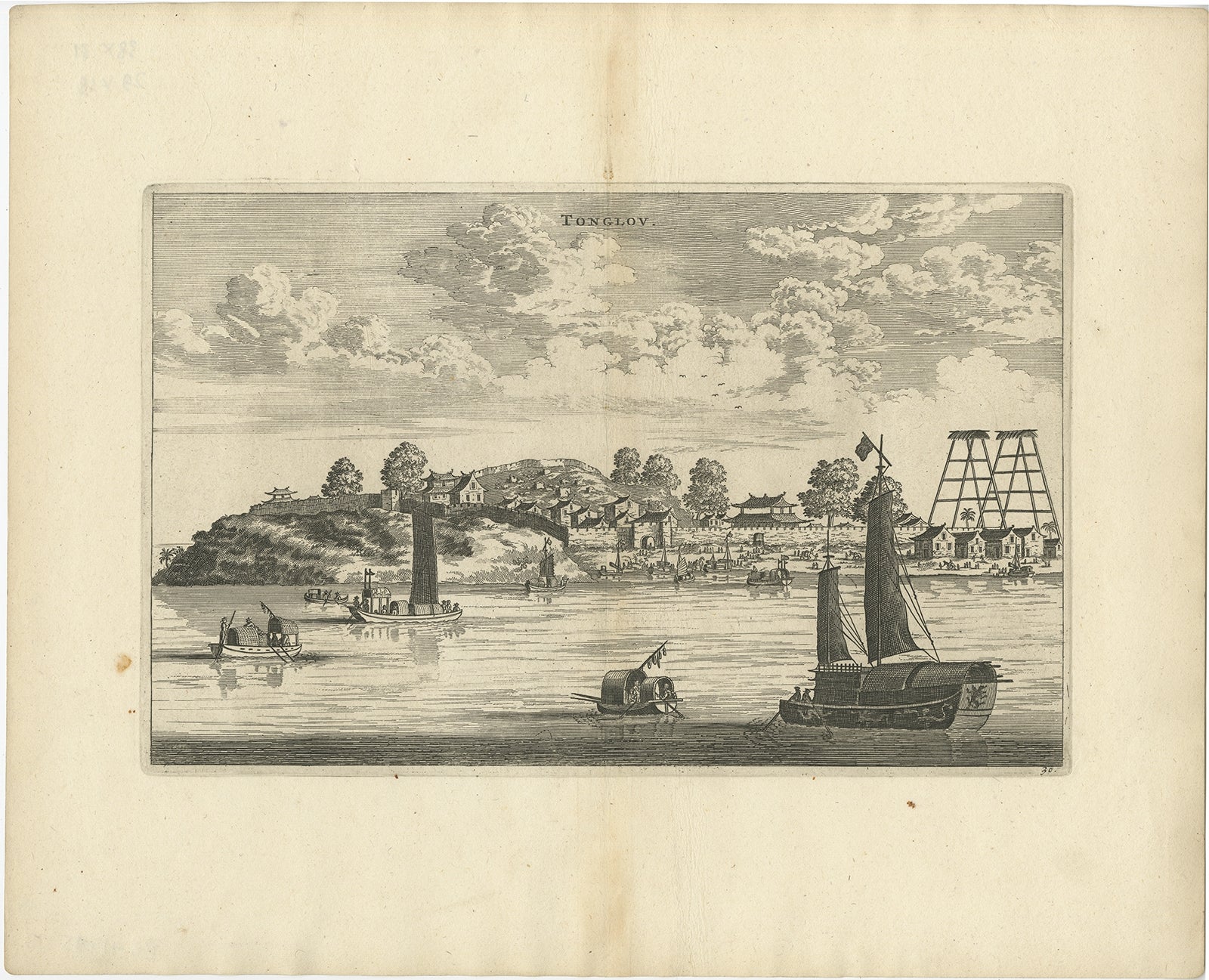 Antique Print of the City of Tonglou in China, 1668