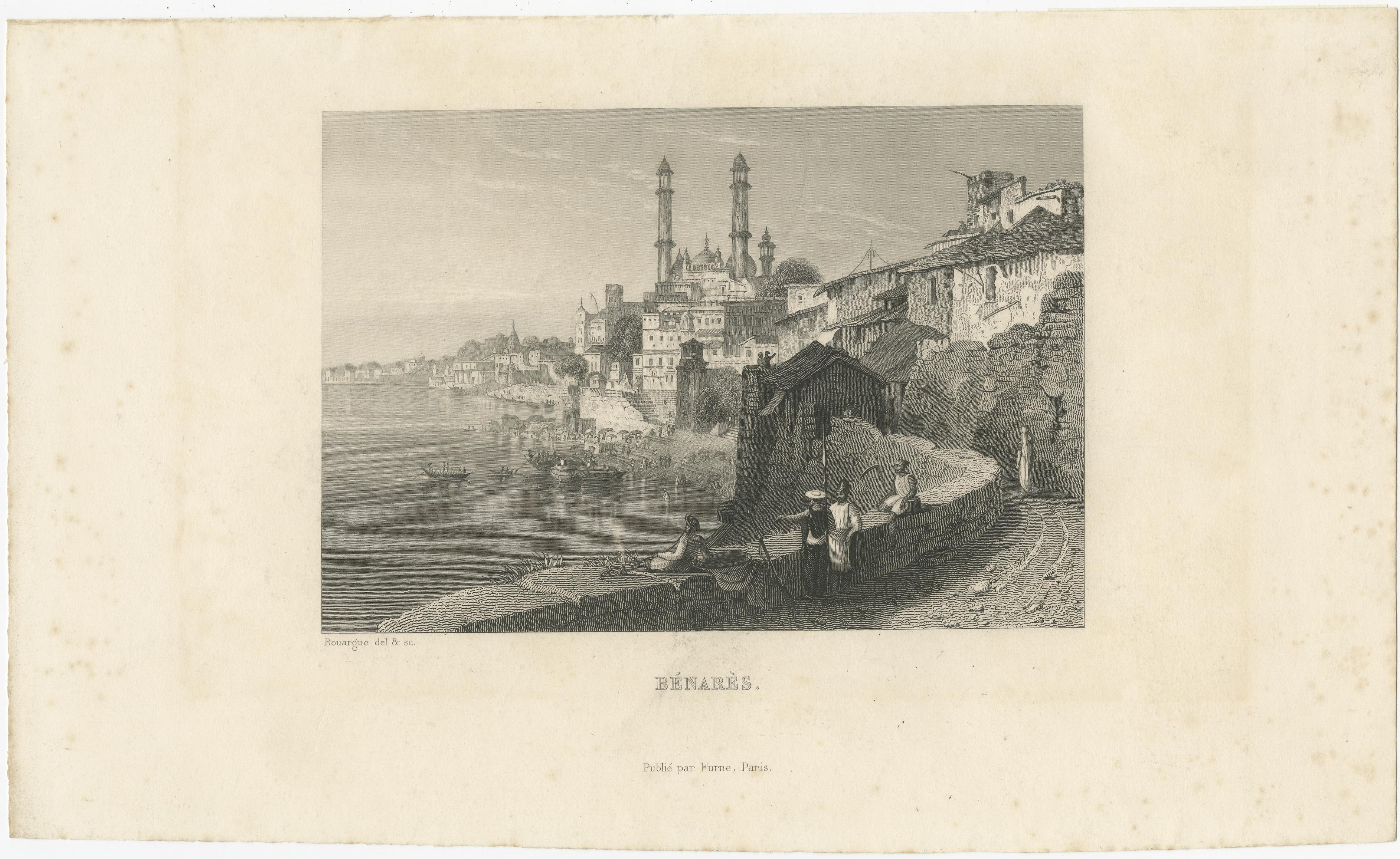 Antique print titled 'Bénarès'. View of the city of Varanasi or Benares, India. Engraved and drawn by the brothers Rouargue: Emile (ca. 1795-1865). Published by Furne, circa 1880.