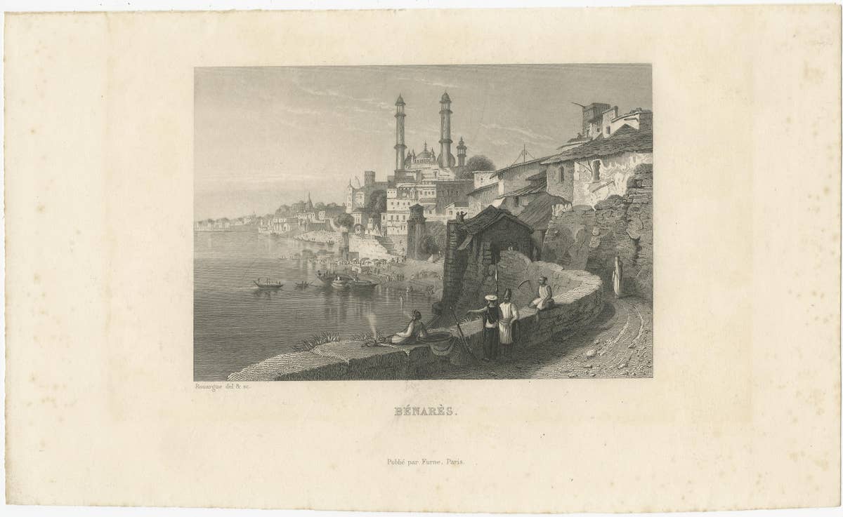 Antique Print of the City of Varanasi or Benares, India