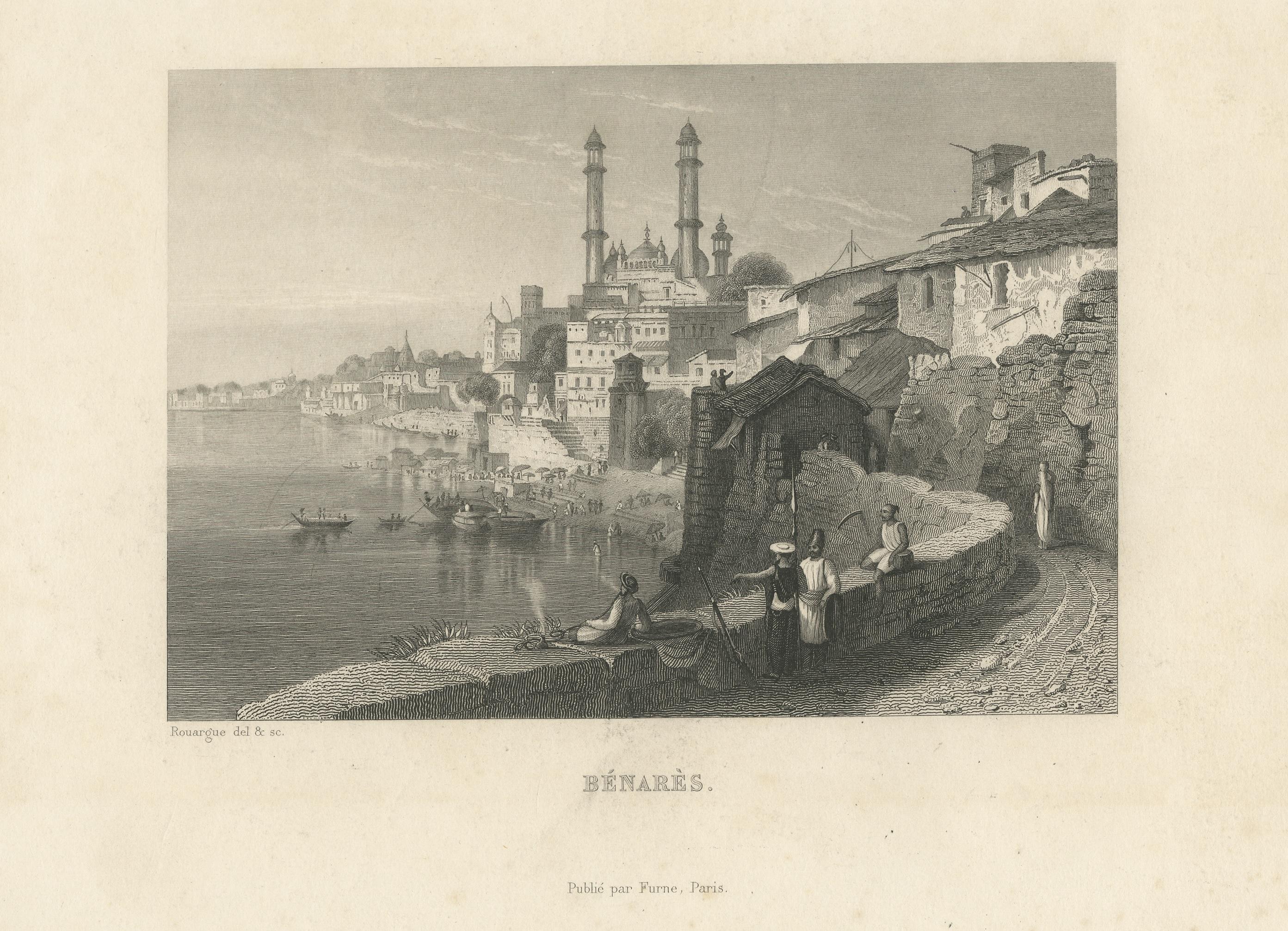 Antique Print of the City of Varanasi or Benares, India In Fair Condition For Sale In Langweer, NL