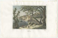 Grabado antiguo de la ciudad de Villefranche en Francia, hacia 1840