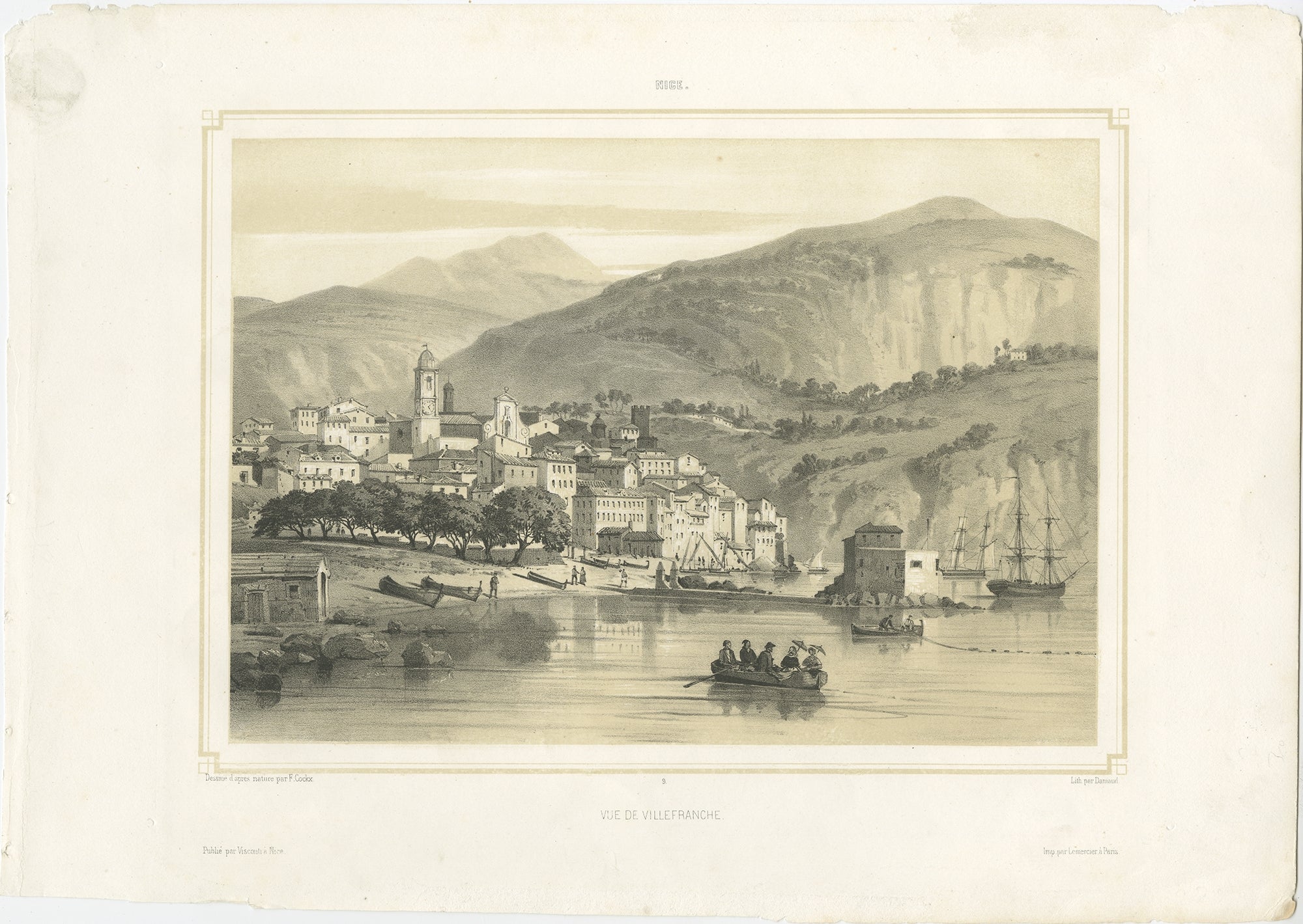 Antique print titled 'Vue de Villefranche'. View of Villefranche near Nice, France. This print originates from 'Nice et ses environs', published 1855. This print originates from the series 'Nice et ses environs', published 1855.

Artists and