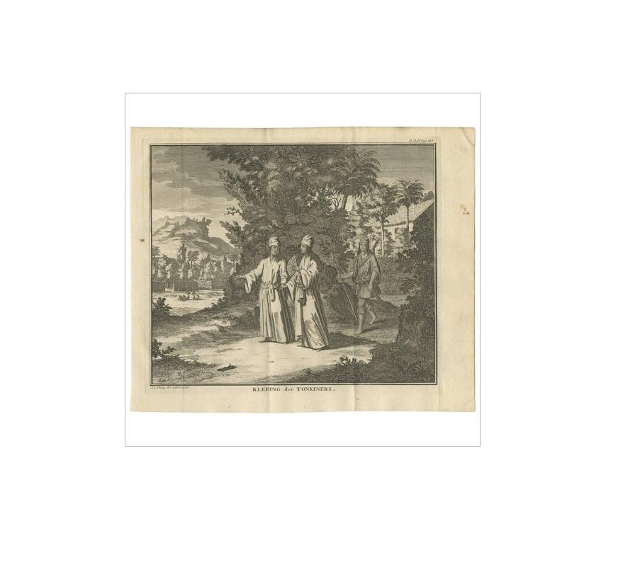 Antique print titled 'Kleding der Tonkiners'. Old print of the clothing/dress of the Tonkin people, Vietnam. This print originates from 'Hedendaagsche Historie, of tegenwoordige staat van alle volkeren (..)', published by Isaak Tirion, Amsterdam,