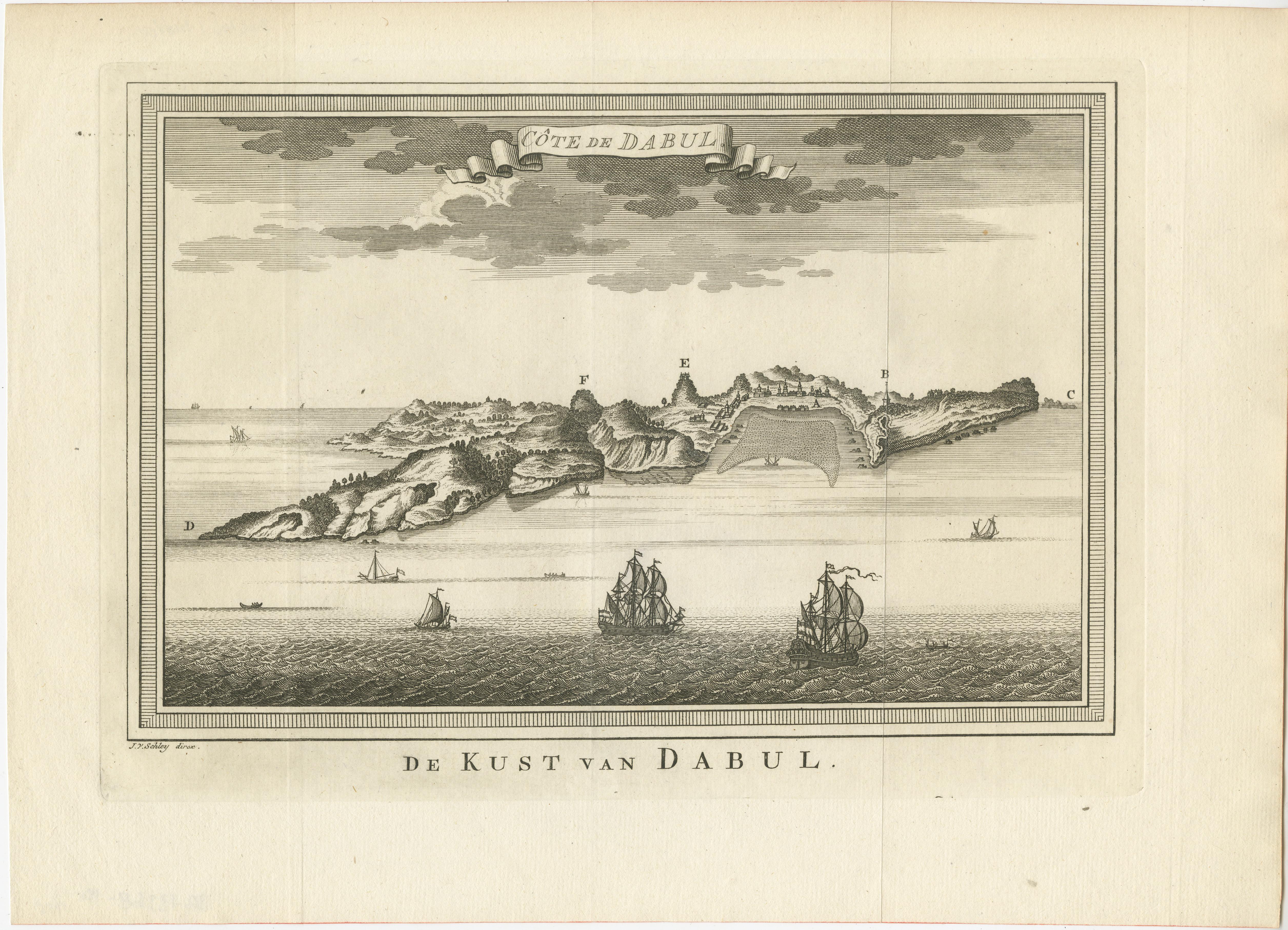 Antique print titled 'Côte de Dabul - De Kust van Dabul'. Original old print of the coast of port city Dabhol in India. In the 15th and 16th centuries, Dabul was an opulent Muslim trade center. Around 1660 it was annexed to the new Maratha kingdom.