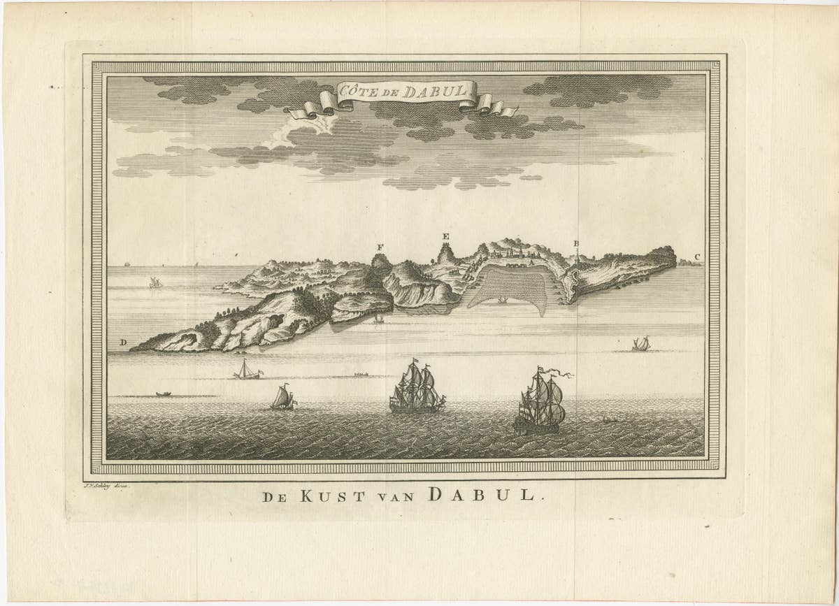 Original Antique Print of the Coast of Dabhol, Dabul, India