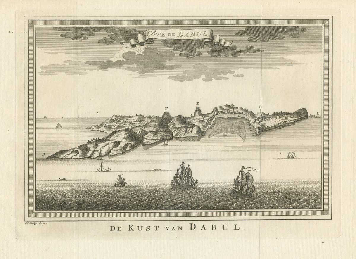 Original Antique Print of the Coast of Dabhol, Dabul, India