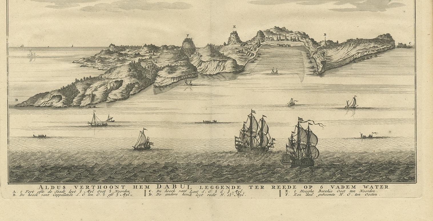 Antiker Druck der Küste von Dabhol „Indien“, 1726 (Niederländisch) im Angebot