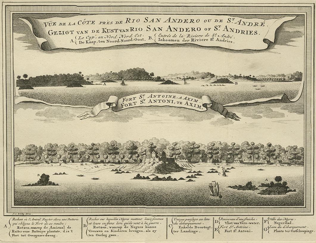 View of the coast near Rio San Andero and the fortress of St. Anthony at Axim. This print originates from the Dutch edition of Prévost's 