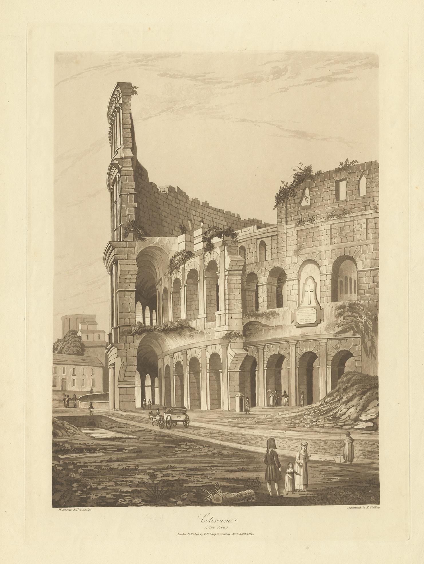 Antique print titled 'Coliseum, side view'. Large aquatint of the Colosseum. The Colosseum or Coliseum, also known as the Flavian Amphitheatre, is an oval amphitheatre in the centre of the city of Rome, Italy. 

This print originates from '