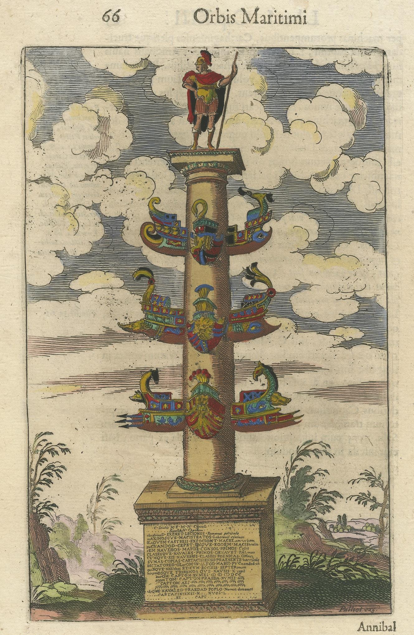 Antique print of the column of Dilius. This print originates from 'Orbis maritimi sive rerum in mari et littoribus gestarum generalis historia' by Claude Barthélemy de Morisot.