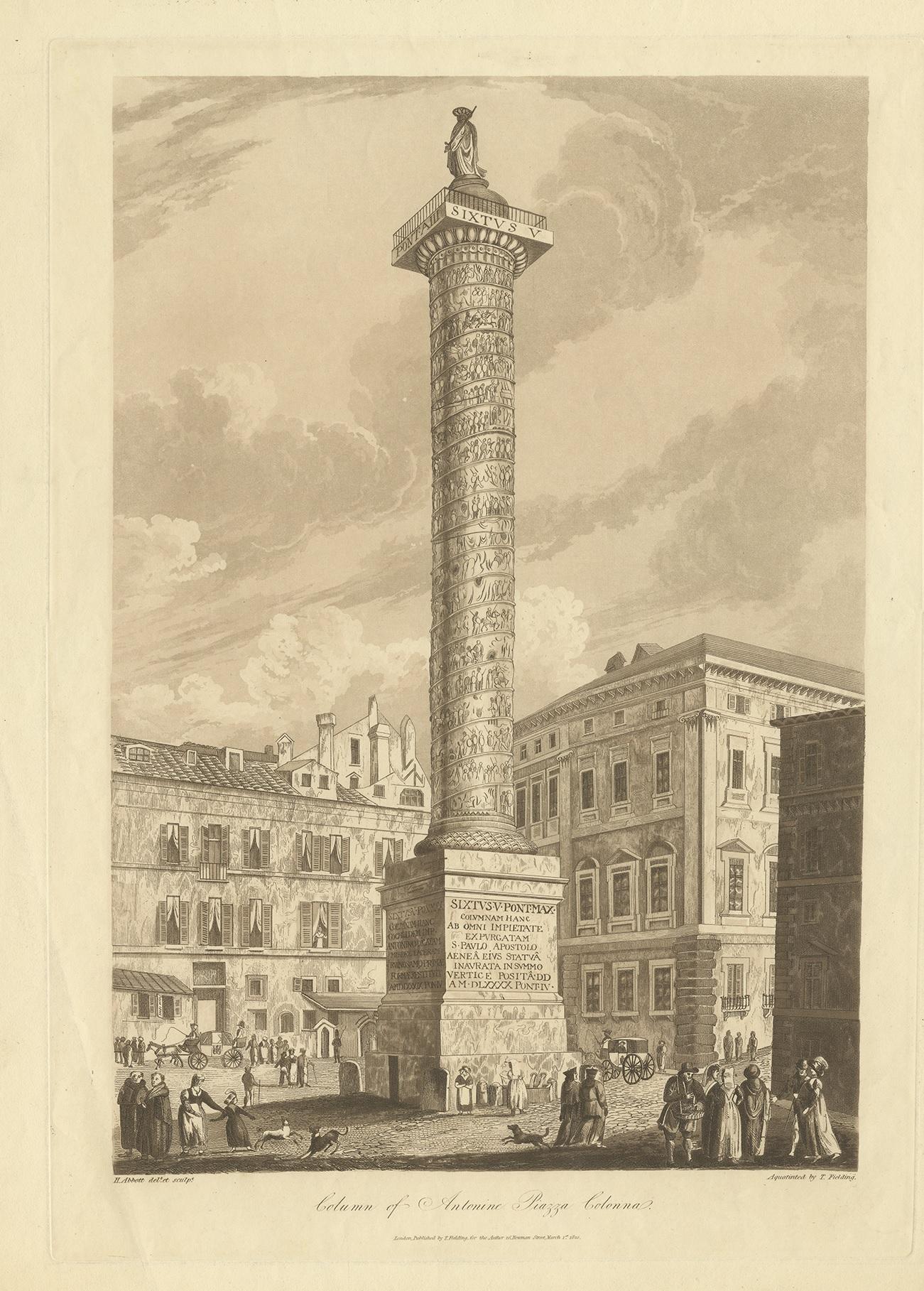 Antique print titled 'Column of Antonine Piazza Colonna'. Large aquatint of the Column of Marcus Aurelius. The Column of Marcus Aurelius is a Roman victory column in Piazza Colonna, Rome, Italy. It is a Doric column featuring a spiral relief: it was