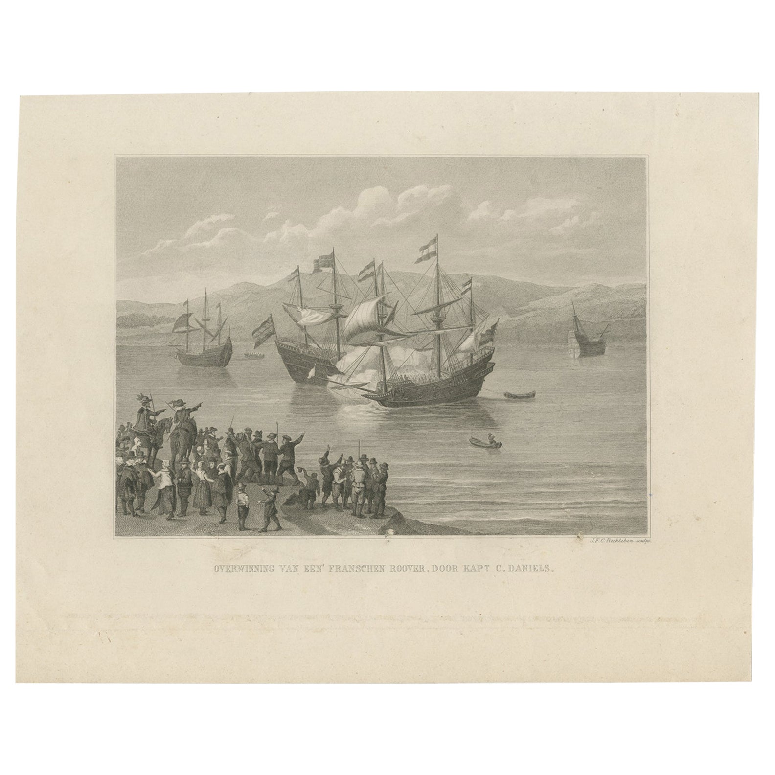 Grabado antiguo de la Conquista del capitán Cornelis Daniels, c.1860