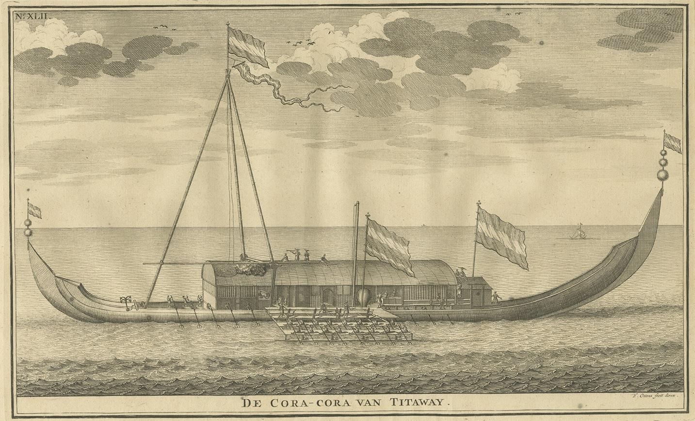 Antique print titled 'De Cora-Cora van Titaway'. This is an original copper engraving of the Coracora fleet from Titaway. This print originates from 'Oud en Nieuw Oost-Indiën' by F. Valentijn.