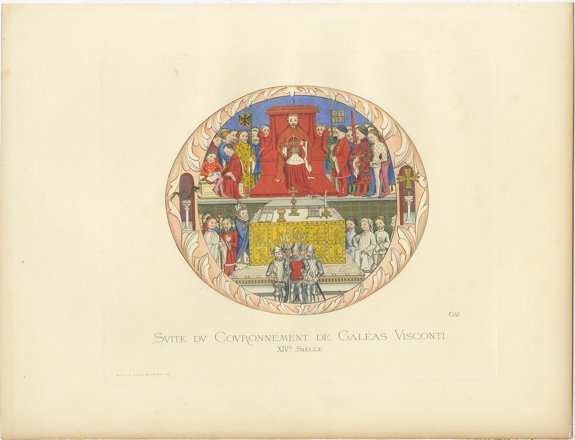 Gravure ancienne intitulée 'Suite du Couronnement de Galeas Visconti, XIVe Siecle'. Gravure ancienne originale du couronnement de Gian Galeazzo Visconti, XIVe siècle. Cette estampe provient de 'Costumes historiques de femmes du XIII, XIV et XV