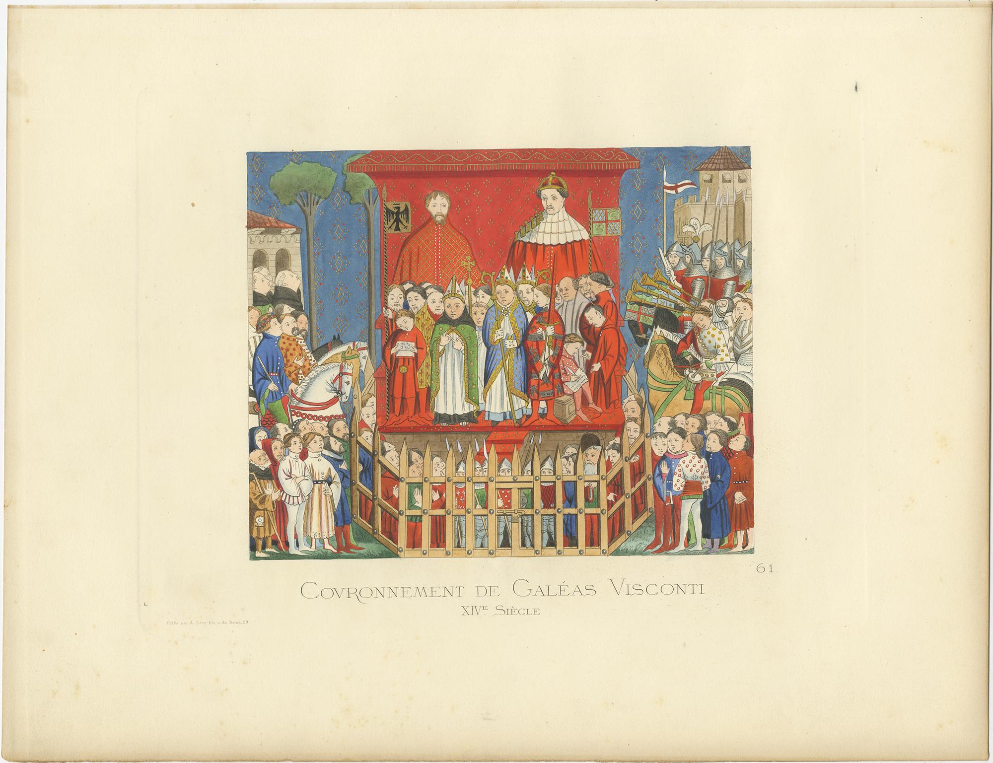 Grabado antiguo de la Coronación de Gian Galeazzo Visconti por Bonnard, 1860 en Bueno estado para la venta en Langweer, NL