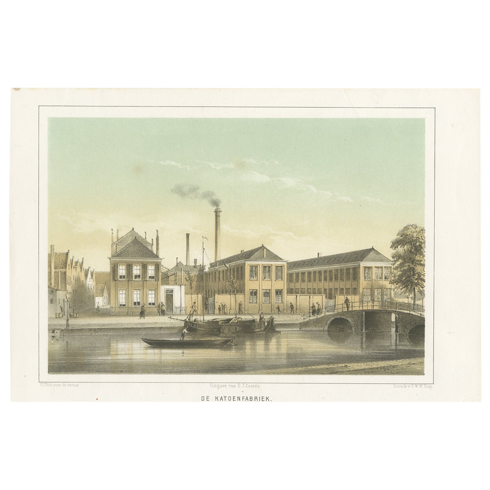 Antiker Druck der Baumwollmühle von Leiden, Holland, 1859