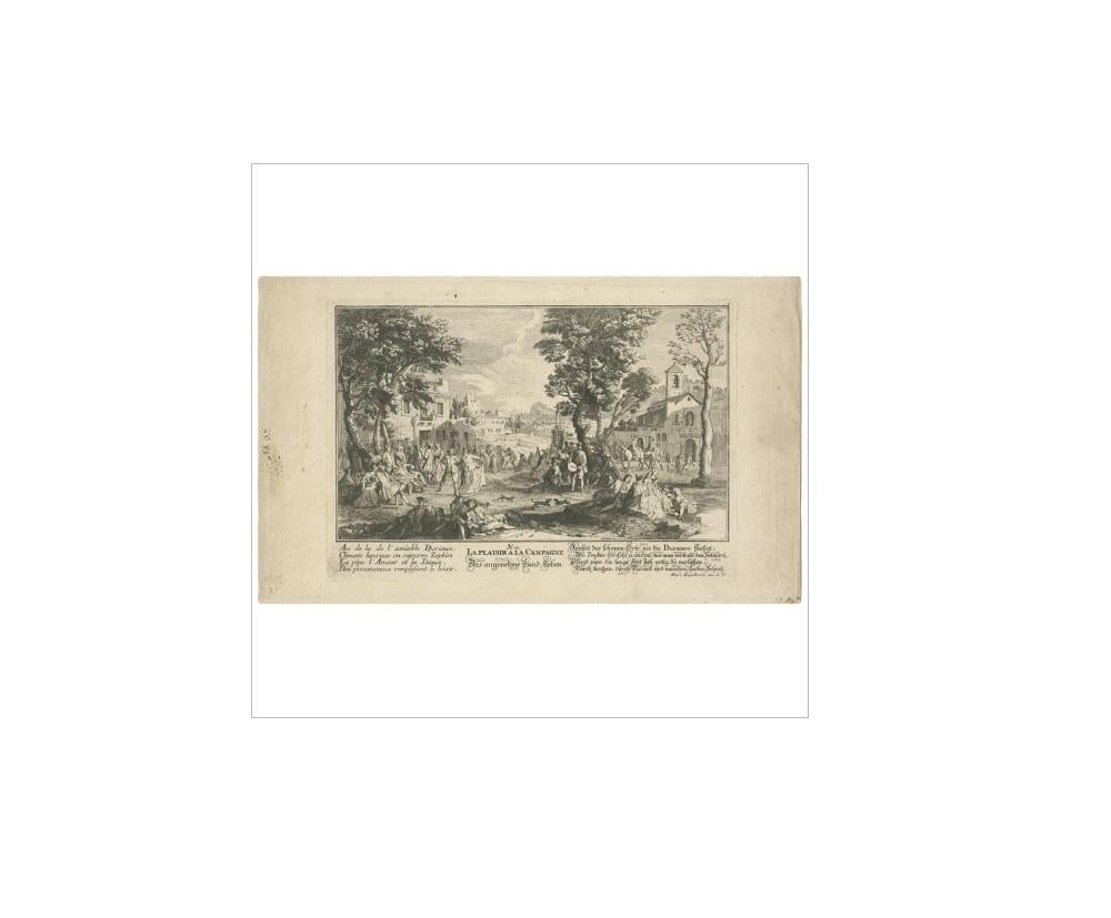 Antique print titled 'La Plaisir a la Campagne, das angenehme Land Leben'. Depicting a scenic interpretation of the joyful country life. Engraved by M. Engelbrecht, circa 1730.