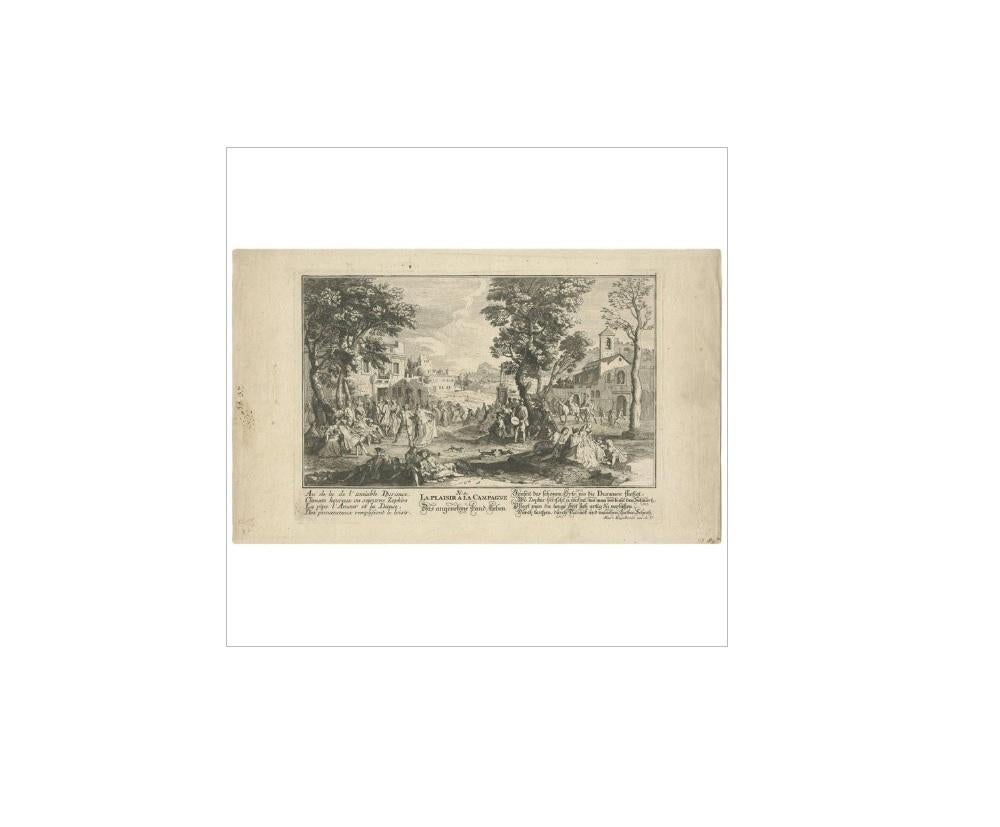 Grabado antiguo de la vida en el campo de M. Engelbrecht, hacia 1730 en Bueno estado para la venta en Langweer, NL
