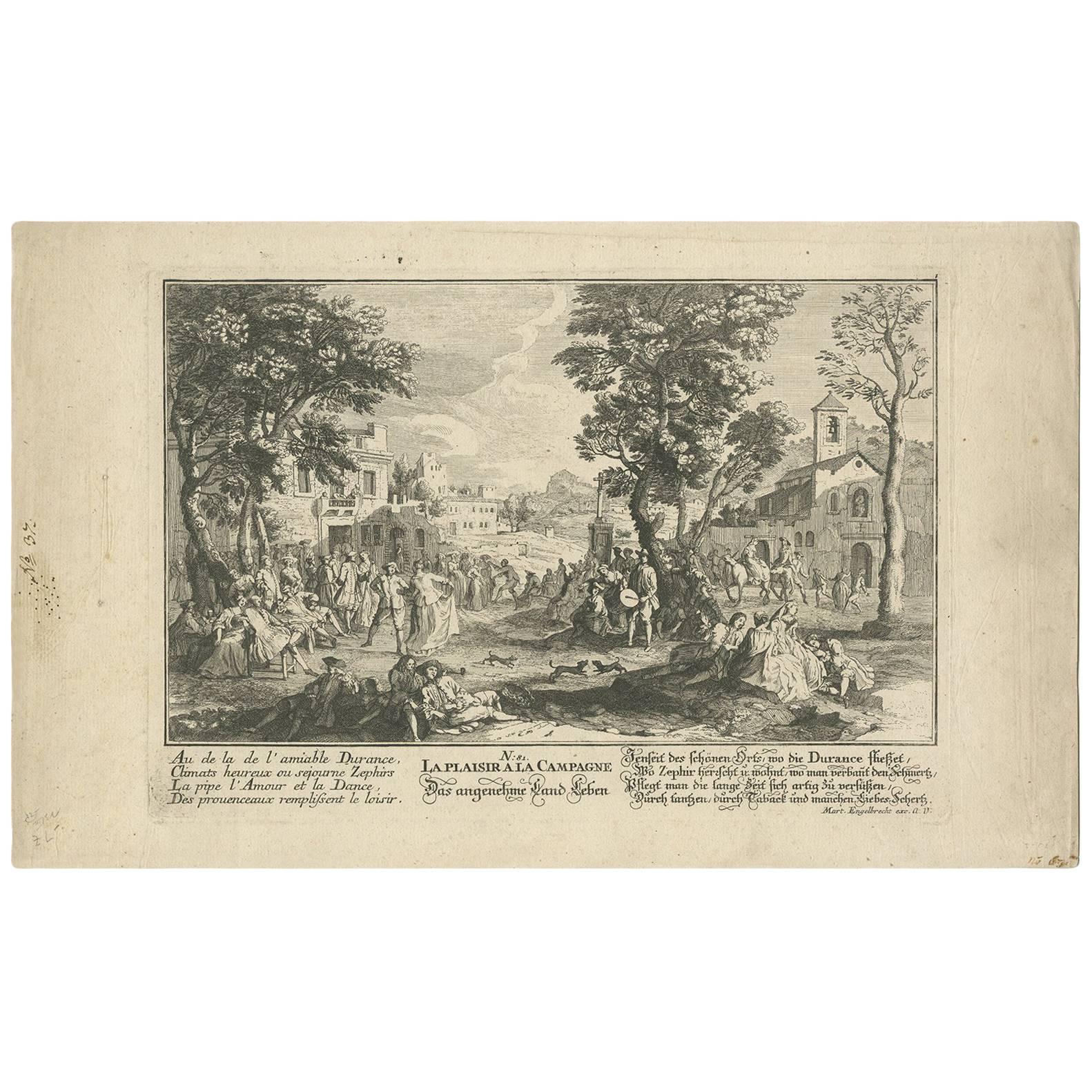 Antique Print of the Country Life by M. Engelbrecht, circa 1730 For Sale