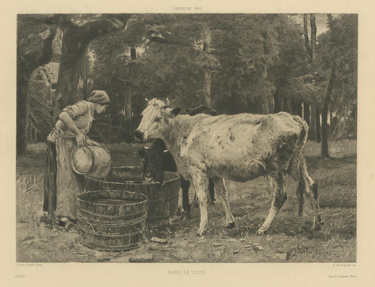 Antique print titled 'Dans le Clos'. Lithograph of the countryside with a farmer's wife and cows. Engraved by G. Rodriguez after J. Dupré.