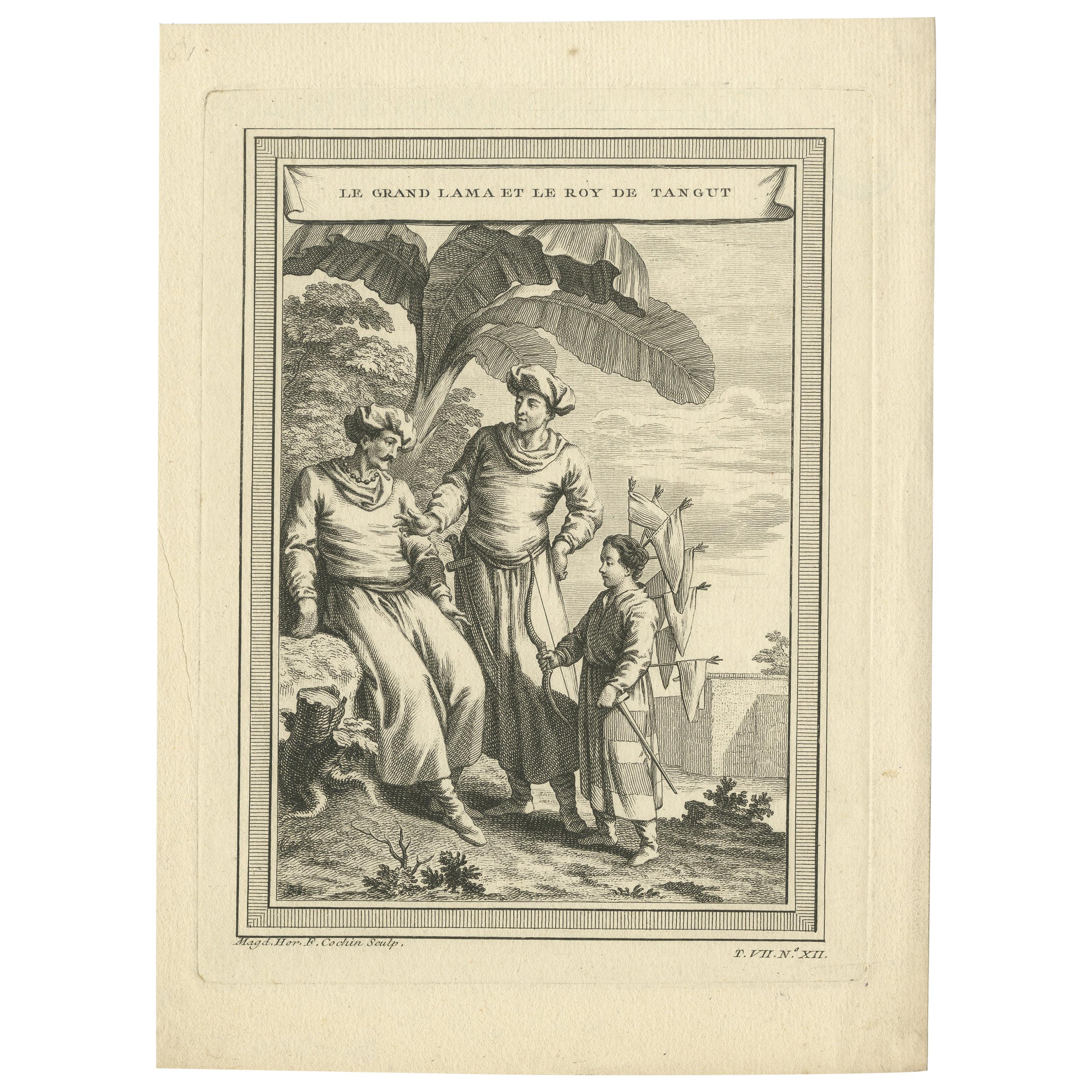 Antique Print of the Dalai Lama and the King of Tangut by Cochin '1749' For Sale