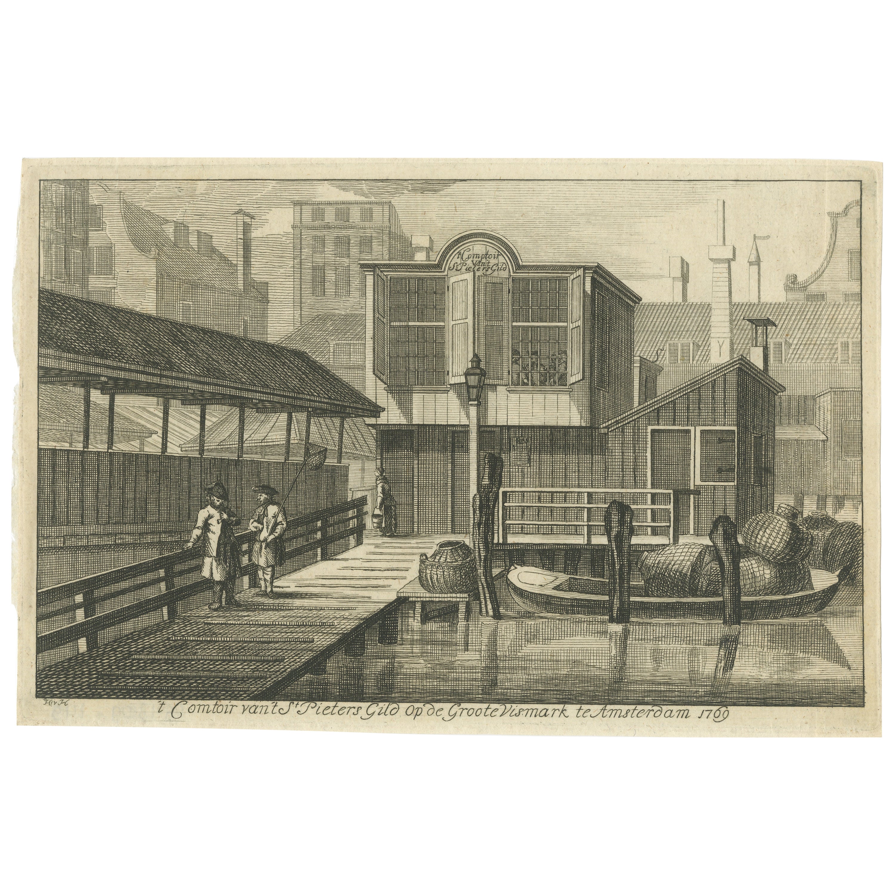 Impression ancienne du "Damrak" près du marché aux poissons d'Amsterdam, vers 1770