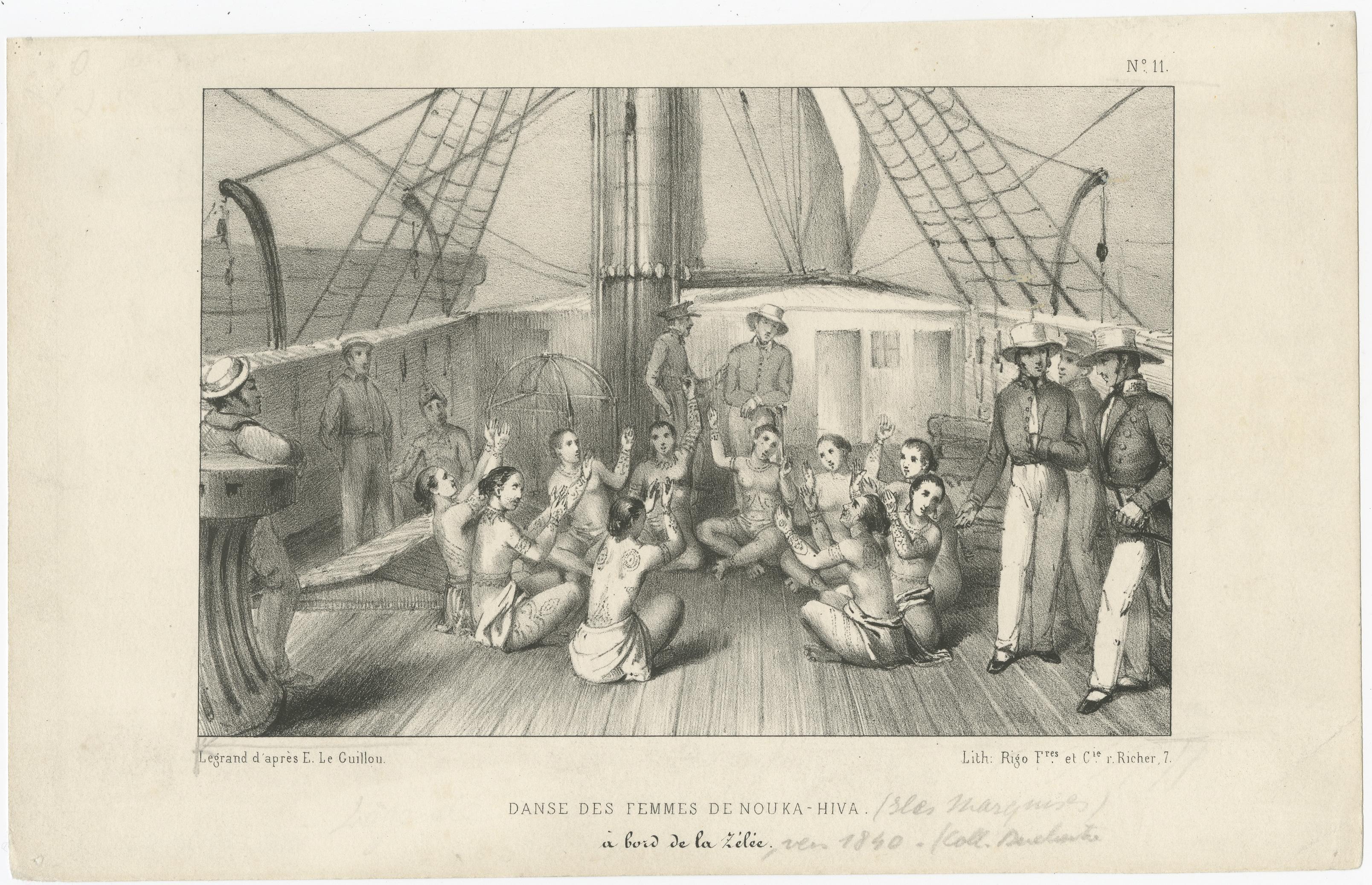 Antique print titled 'Danse des Femmes de Nouka-Hiva'. This print shows the dance of the women of Nuka Hiva aboard the Zelee. Nuku Hiva is the largest of the Marquesas Islands in French Polynesia. This print originates from Elie Le Guillou's 'Voyage