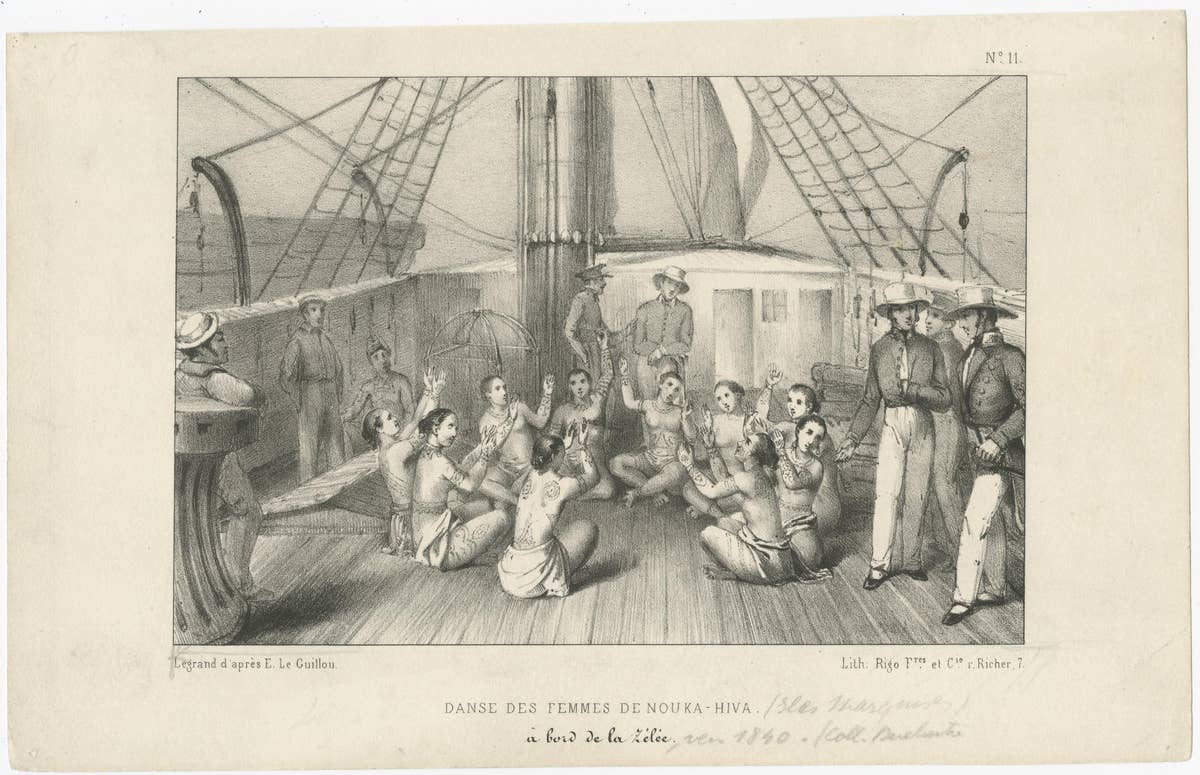 Antique Print of the Dance of the Women of Nuka Hiva Aboard the Zelee