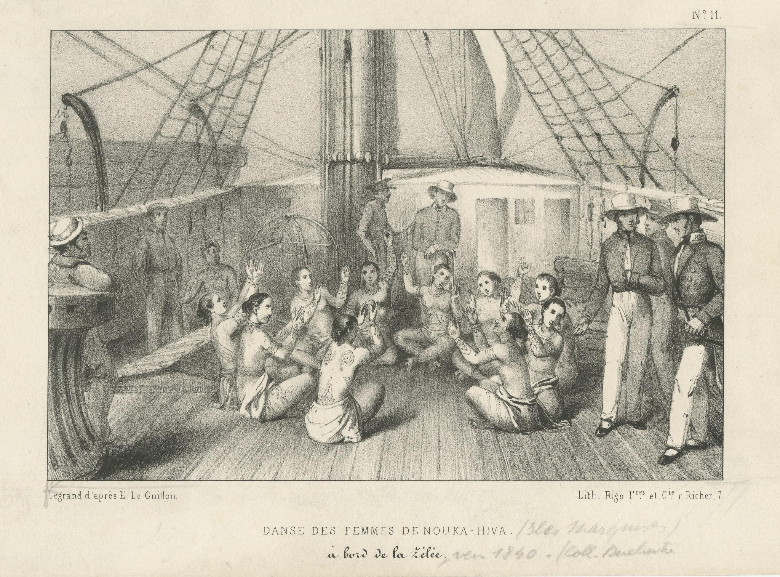 Antique Print of the Dance of the Women of Nuka Hiva Aboard the Zelee In Fair Condition For Sale In Langweer, NL