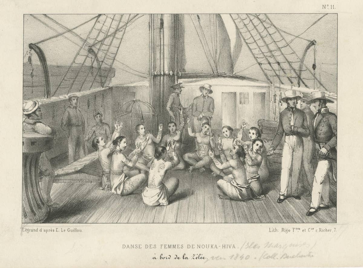 Antique Print of the Dance of the Women of Nuka Hiva Aboard the Zelee