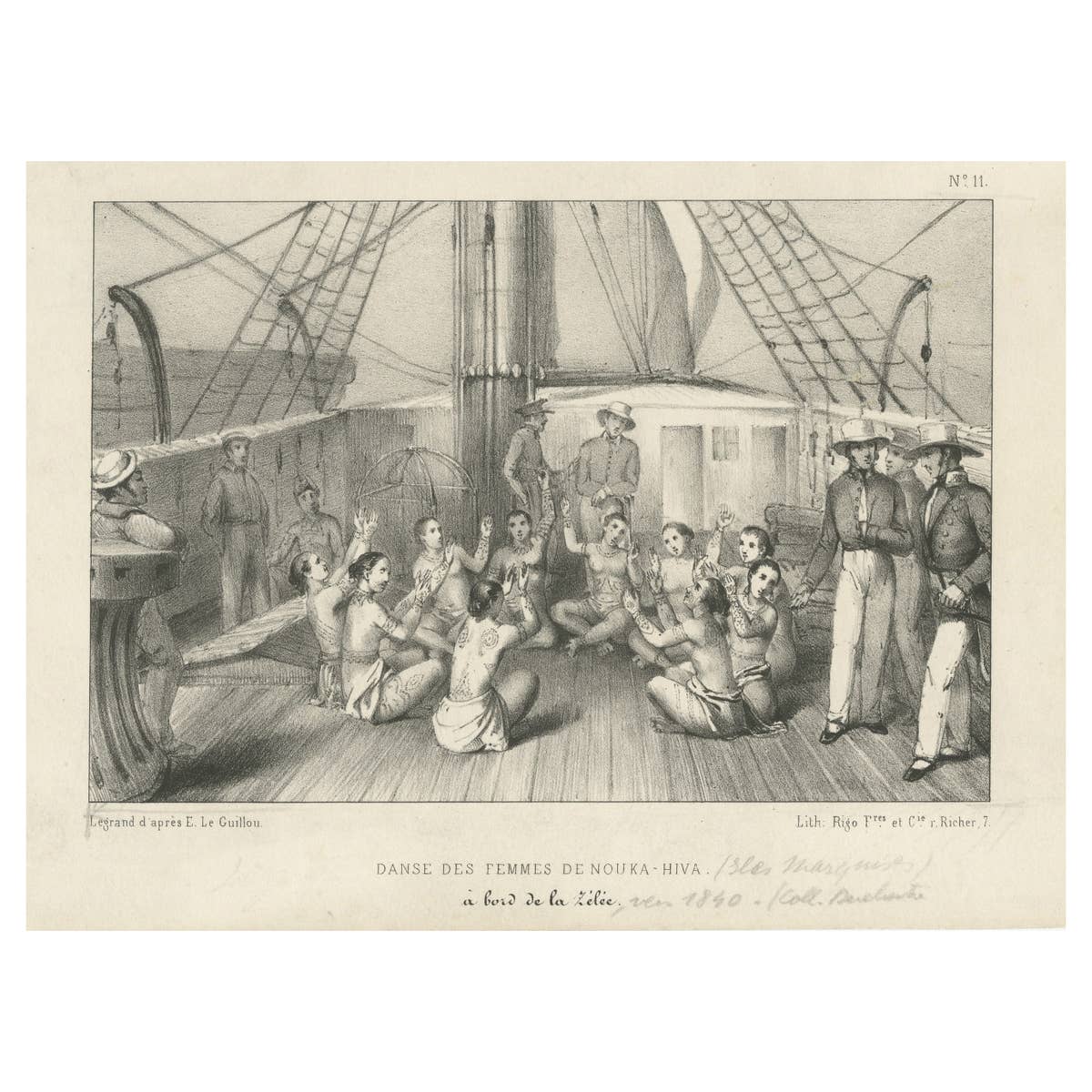 Antique Print of the Dance of the Women of Nuka Hiva Aboard the Zelee