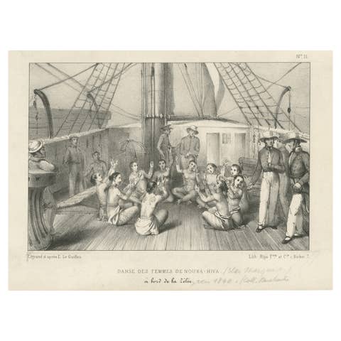 Antique Print of the Dance of the Women of Nuka Hiva Aboard the Zelee